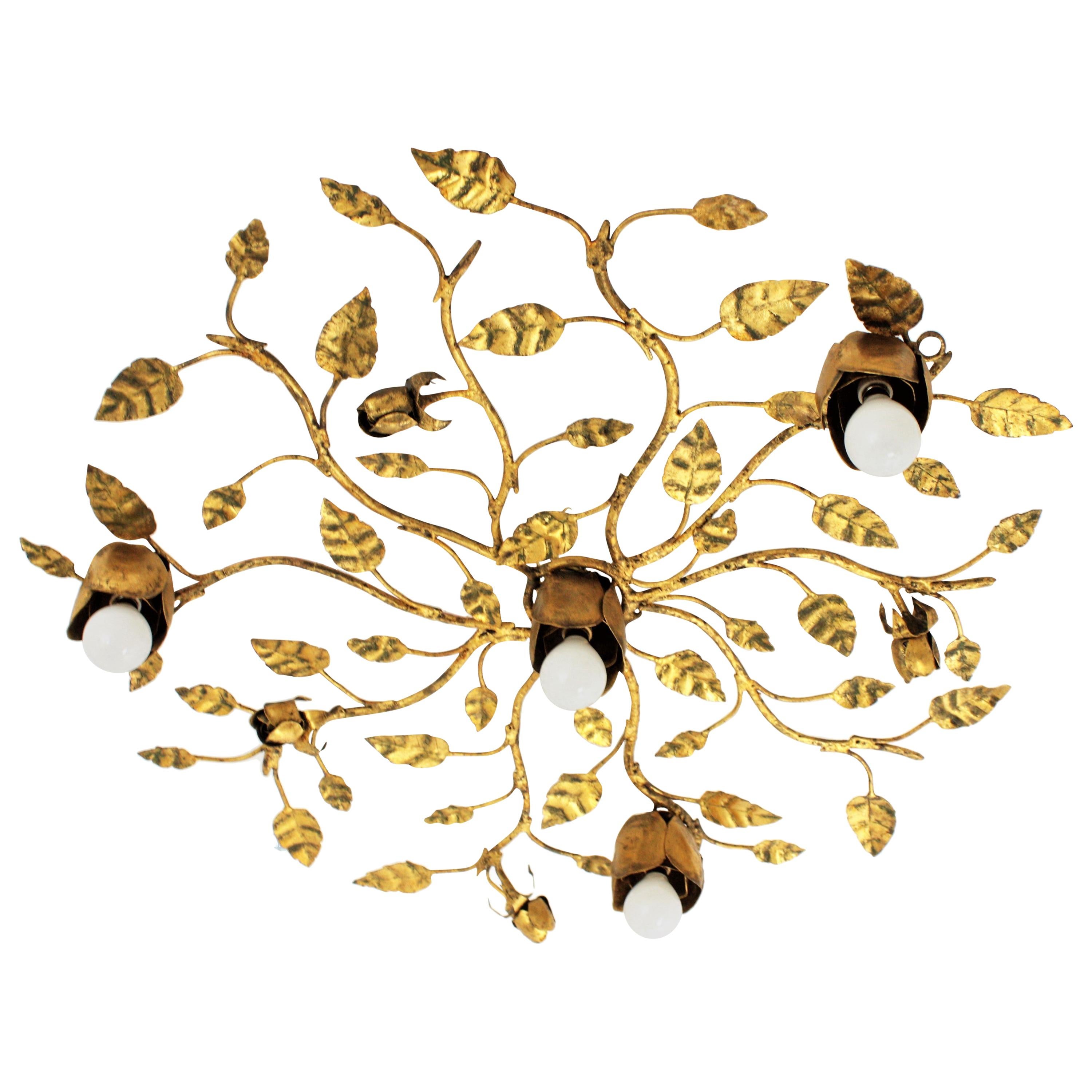 Spanish Foliage Floral Ceiling Light Fixture or Wall Sconce in Gilt Iron