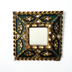 Spanish Folk Art Mirror with Mosaic Carved Gilt Wood Frame, c. 1930's