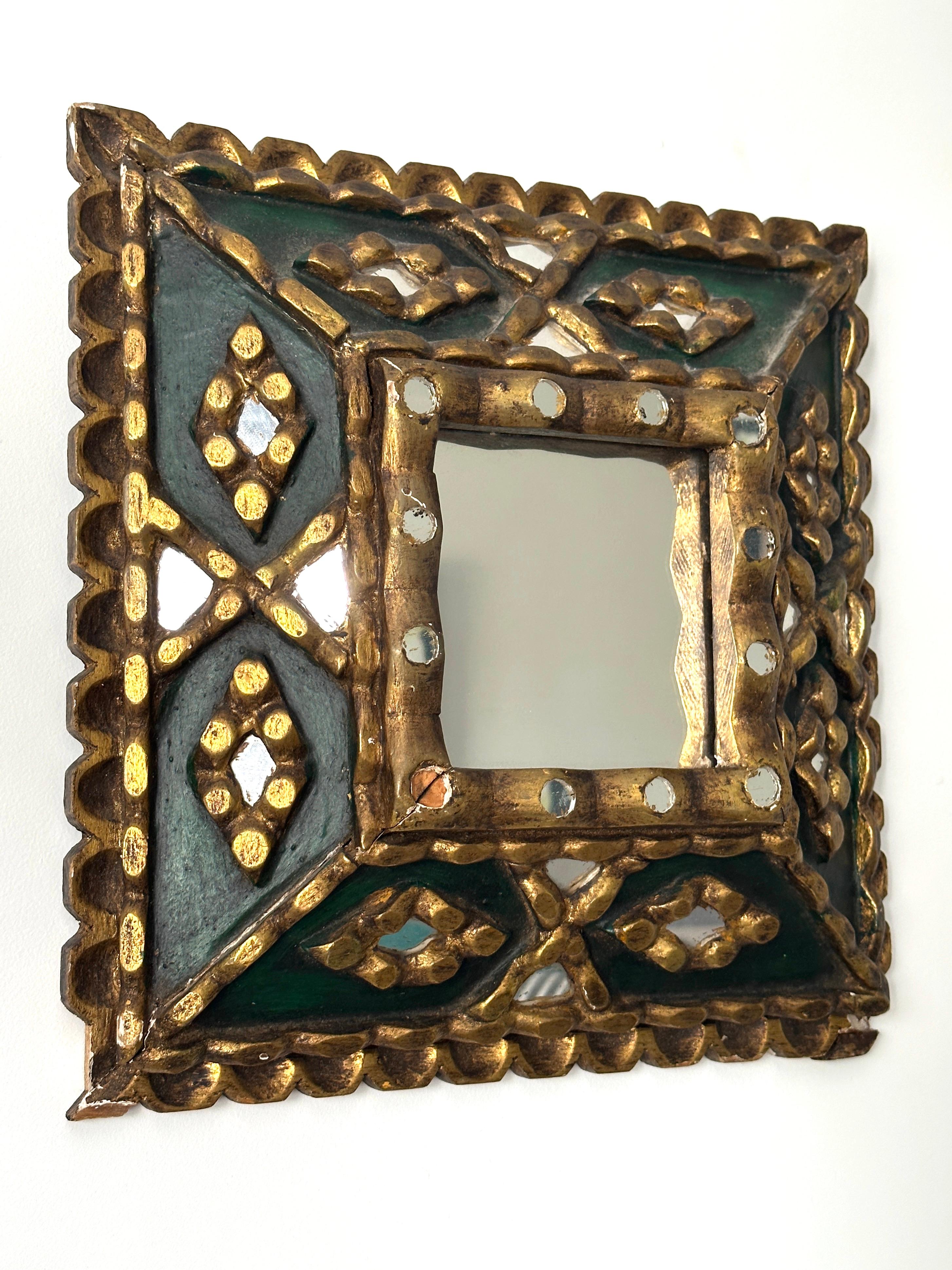 Spanish Colonial Spanish Folk Art Mirror with Mosaic Carved Gilt Wood Frame, c. 1930's For Sale