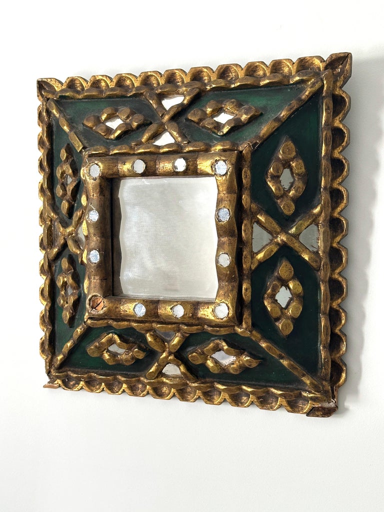 Spanish Folk Art Mirror with Mosaic Carved Gilt Wood Frame, c. 1930's For Sale 2