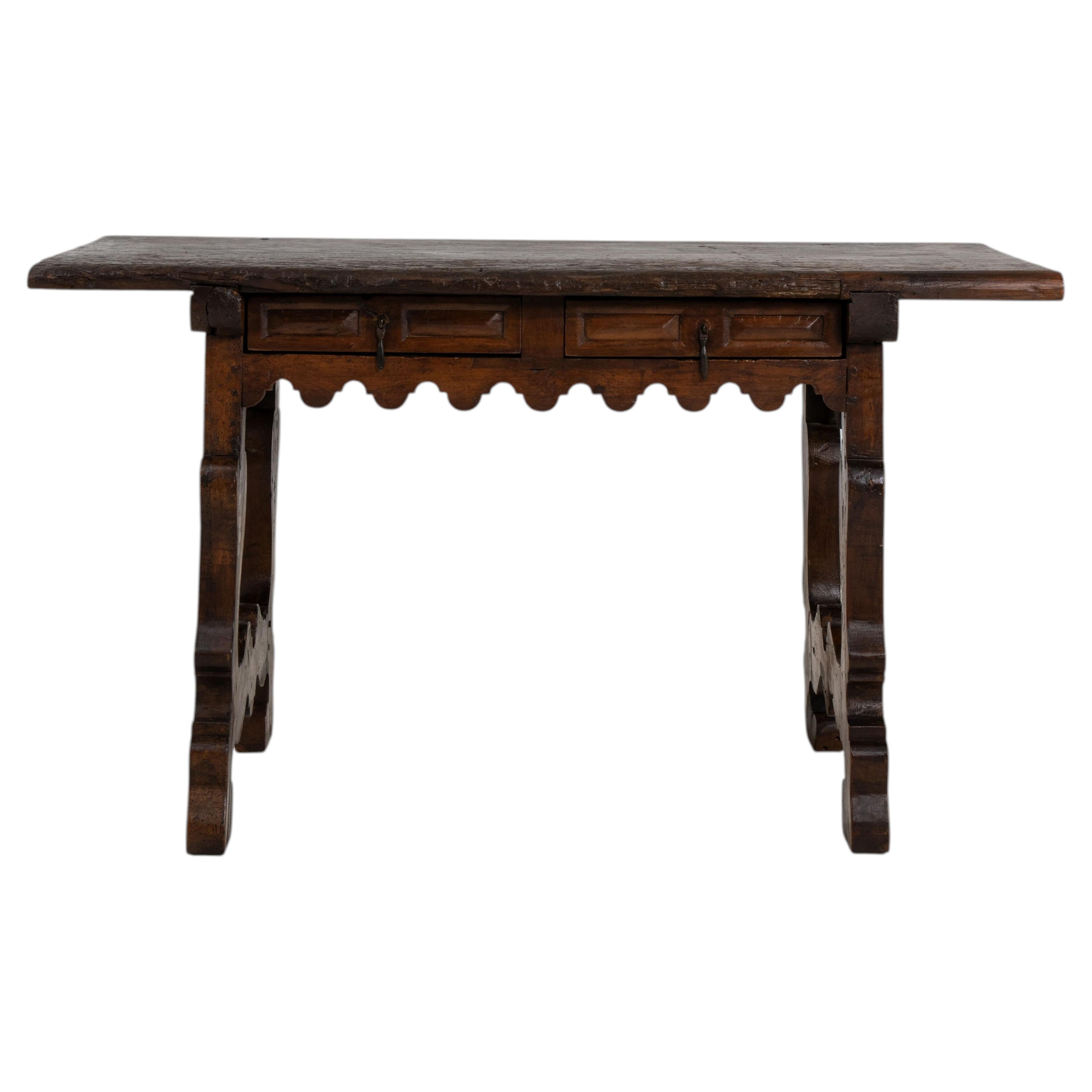 Spanish Fratino Table, Solid Wood with Iron Stretchers, Circa 1800 For Sale