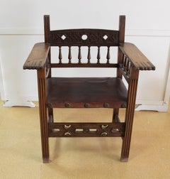 Spanish Friar Armchair in Wood and Embossed Leather in Black Colour