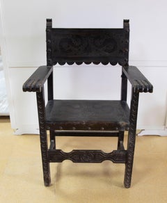 Spanish Friar Armchair in Wood and Embossed Leather in Black Colour