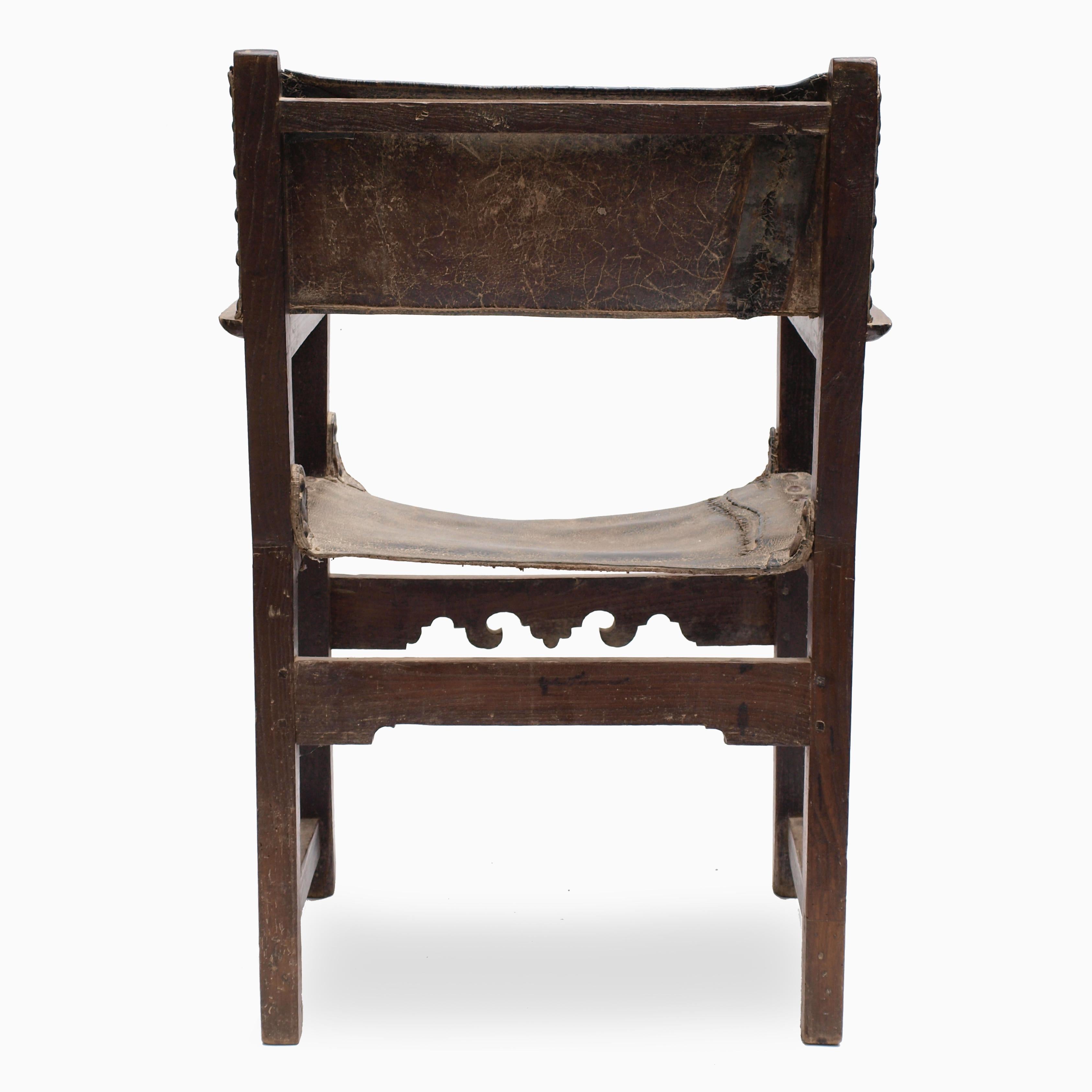 17th Century Spanish Leather and Oak Chair 14