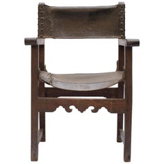 17th Century Spanish Leather and Oak Chair