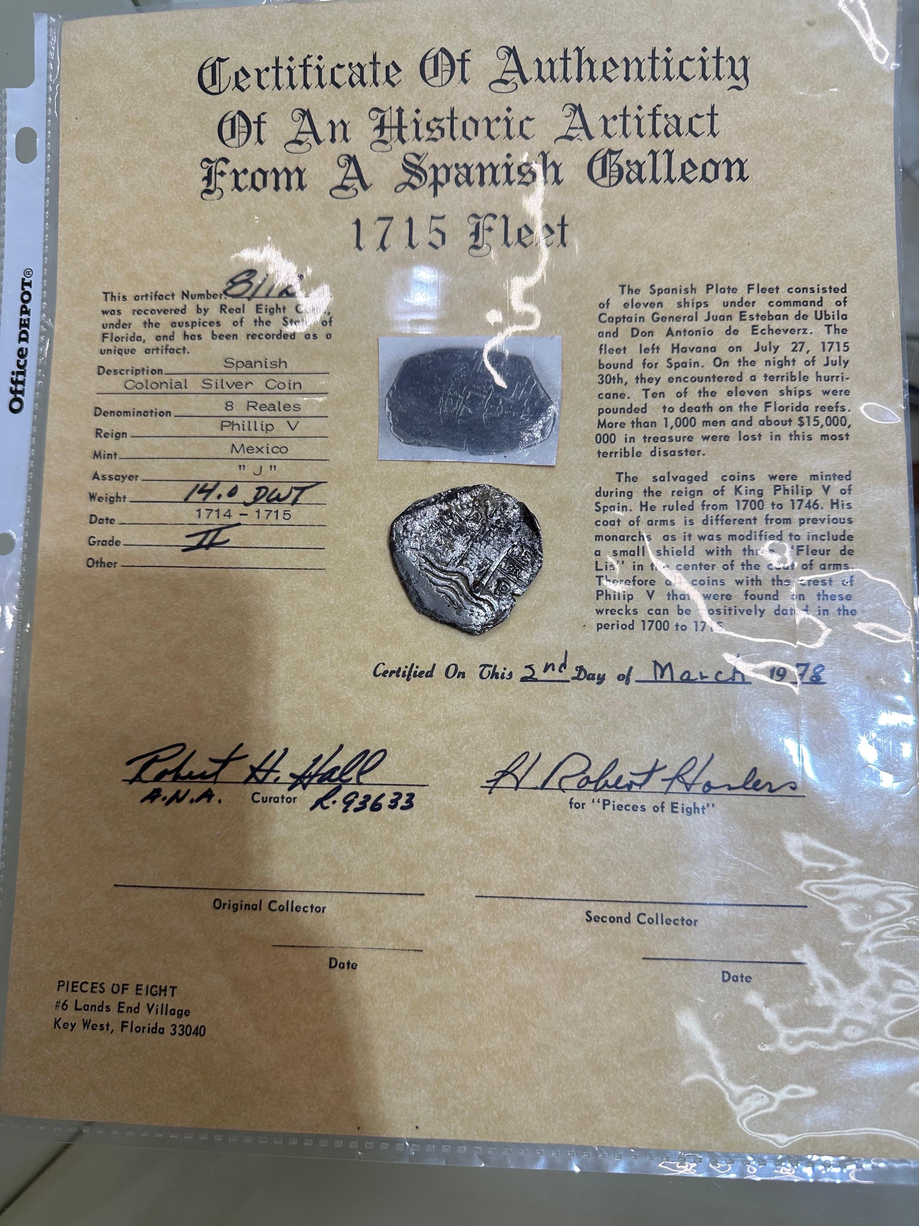 Spanish Galleon 1715 Fleet mint coin COLLECTORS PIECE For Sale 1
