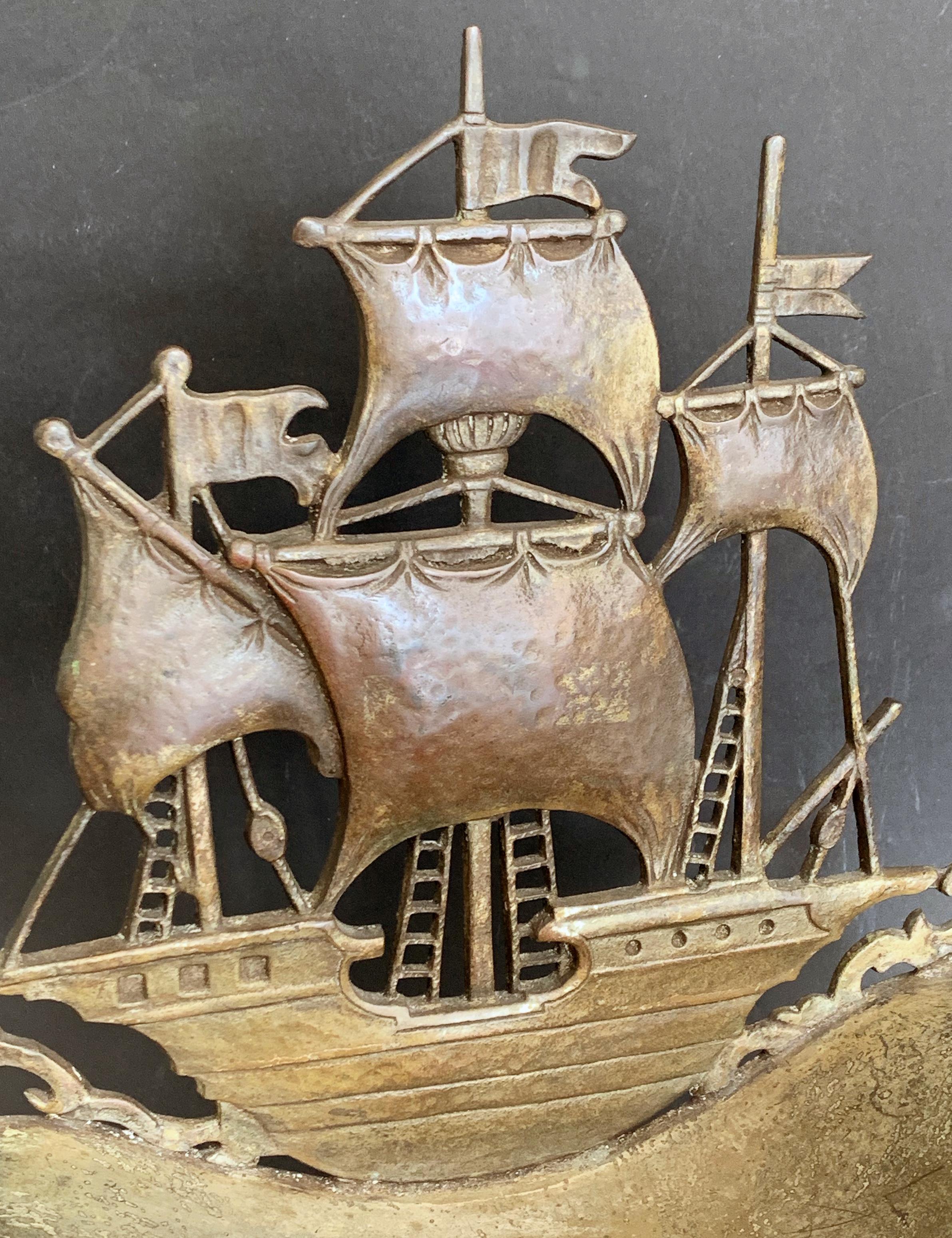 A rare and impressive illustration of the fascination with sailing ships, Mediterranean Revival architecture, and Spanish decorative arts in the 1920s, this marvelous bowl-cum-sculpture features a grand Spanish Galleon overlooking a textured bowl