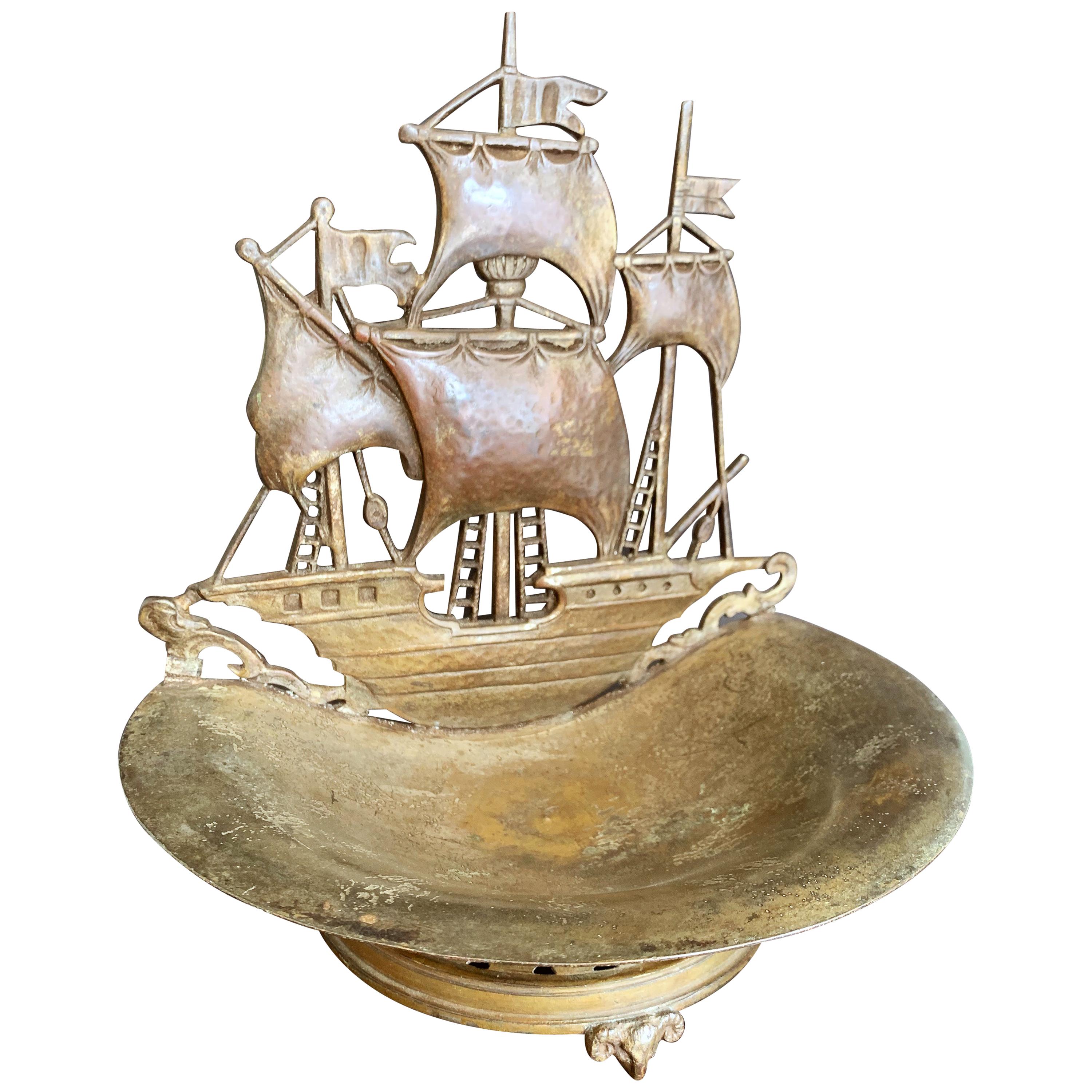 "Spanish Galleon, " Romantic 1920s Bronze Sculptural Bowl with Ram's Head Feet For Sale