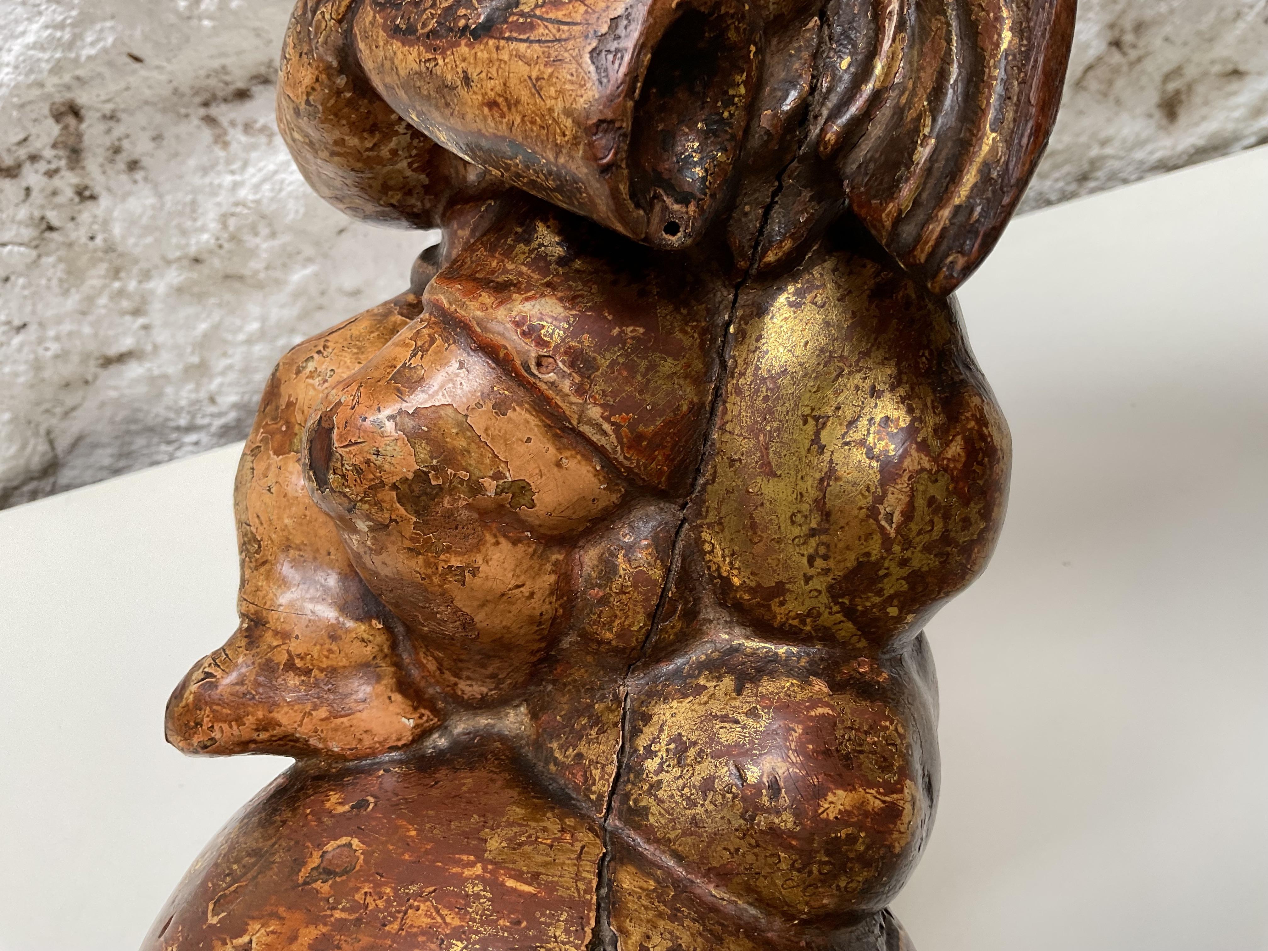 Mid-Century Modern Spanish Gilded and Polychrome Wooden Cherub Sculpture, circa 1930 For Sale