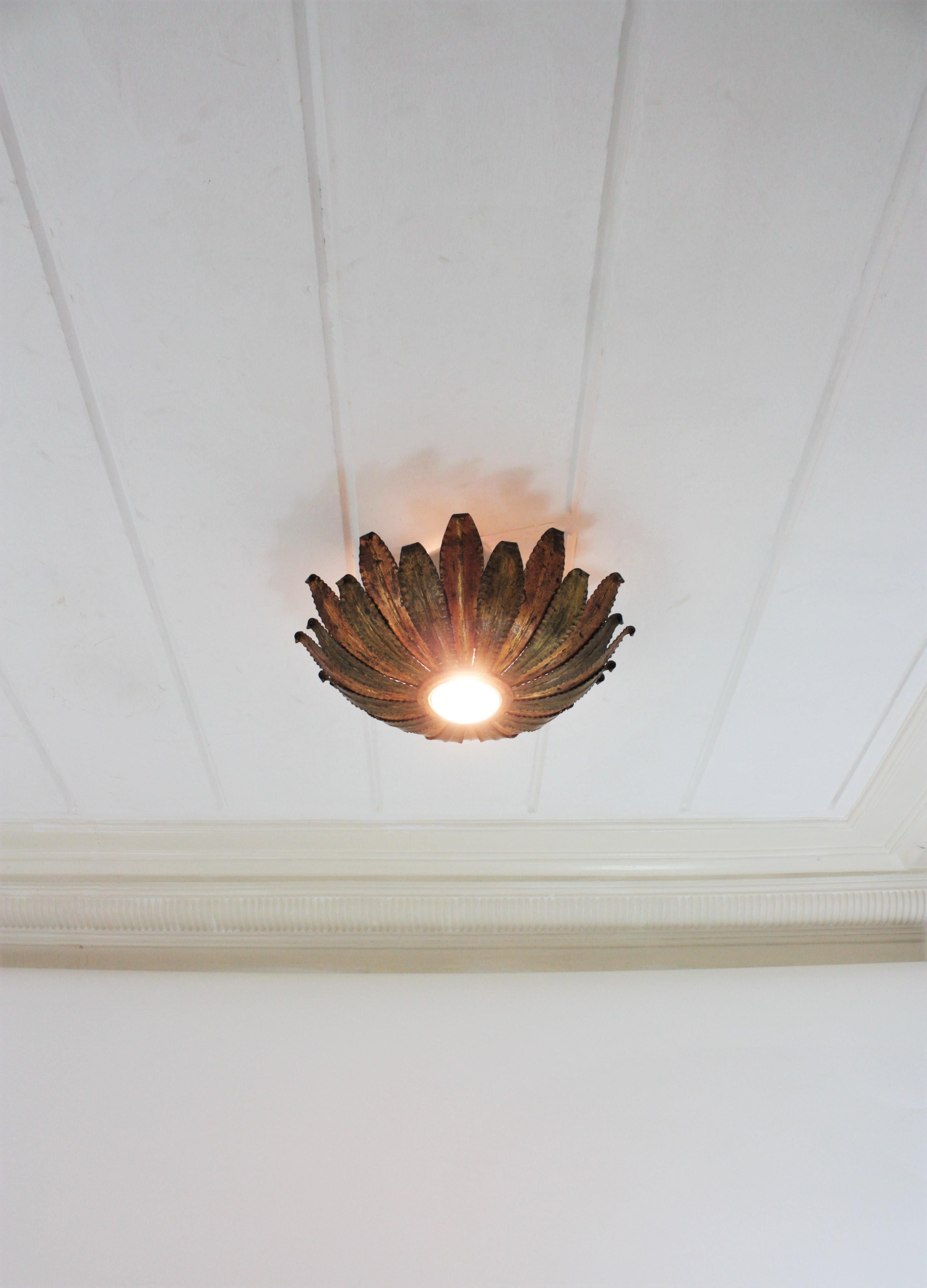 Spanish Gilt Iron and Green Sunburst Ceiling Light Fixture, 1950s For Sale 5