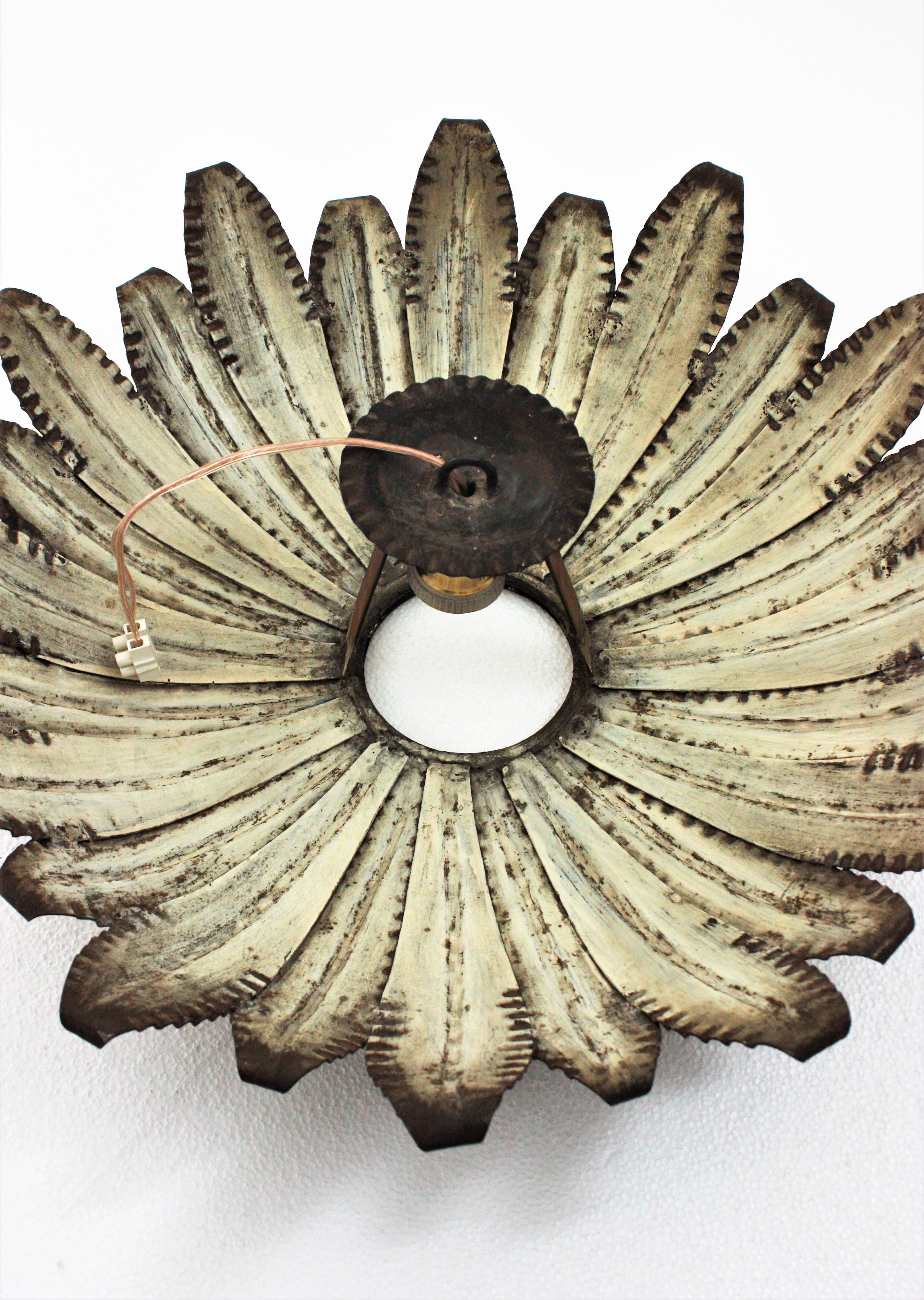 Spanish Gilt Iron and Green Sunburst Ceiling Light Fixture, 1950s For Sale 11