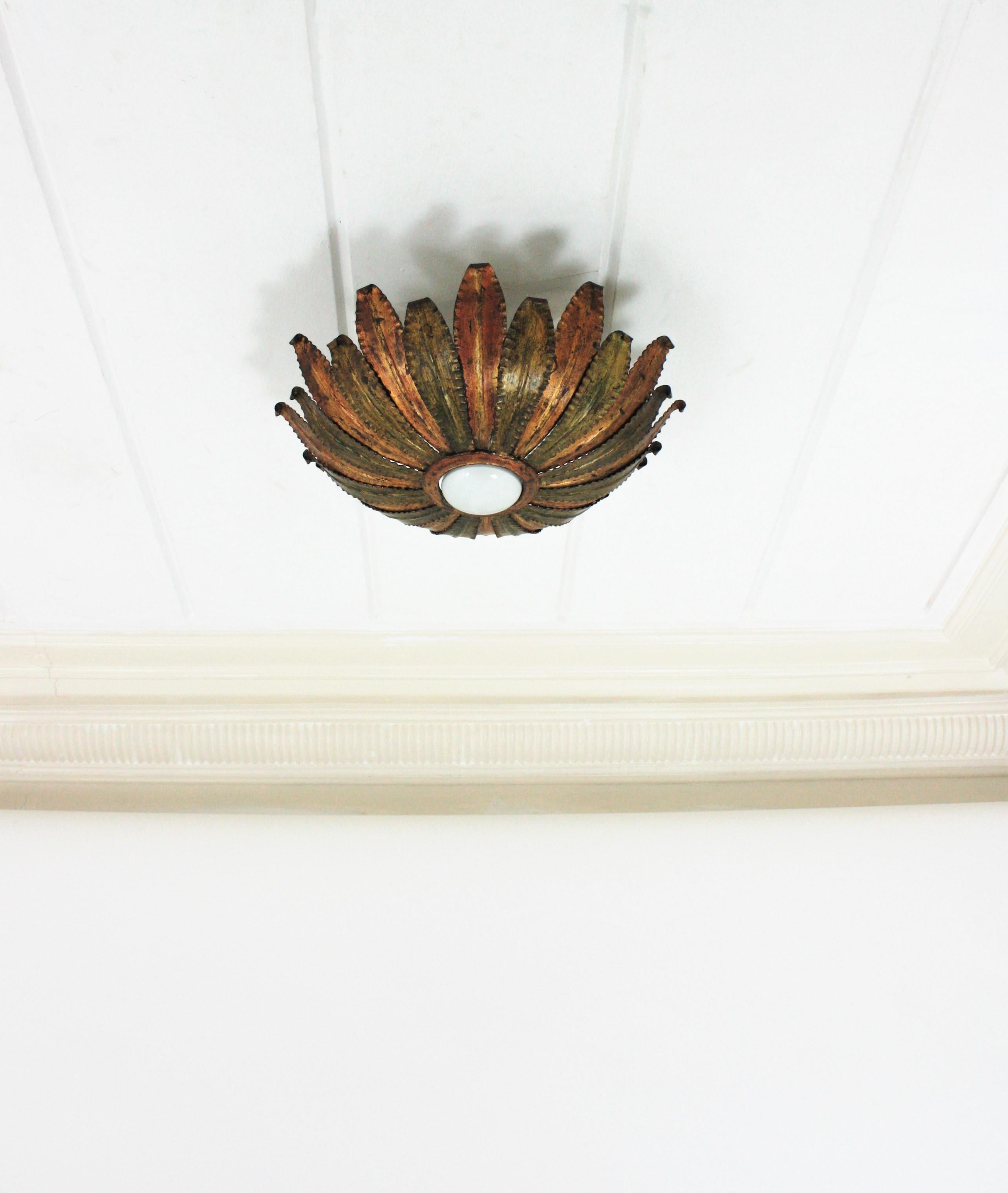 Mid-Century Modern Spanish Gilt Iron and Green Sunburst Ceiling Light Fixture, 1950s