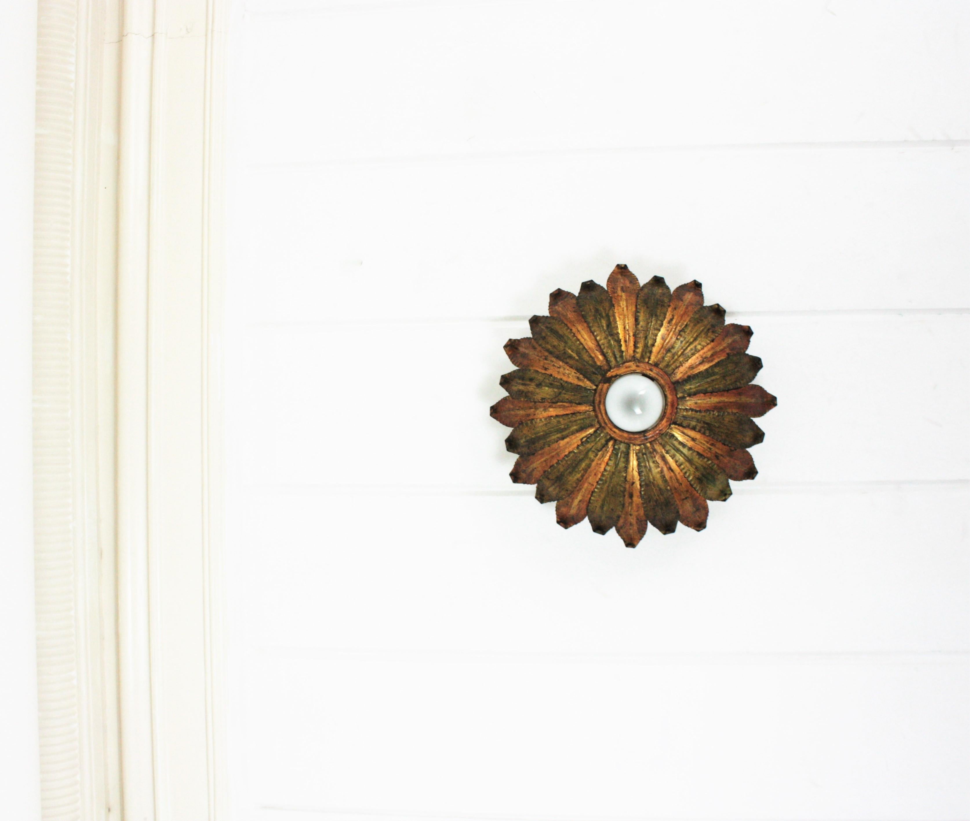 Hammered Spanish Gilt Iron and Green Sunburst Ceiling Light Fixture, 1950s For Sale