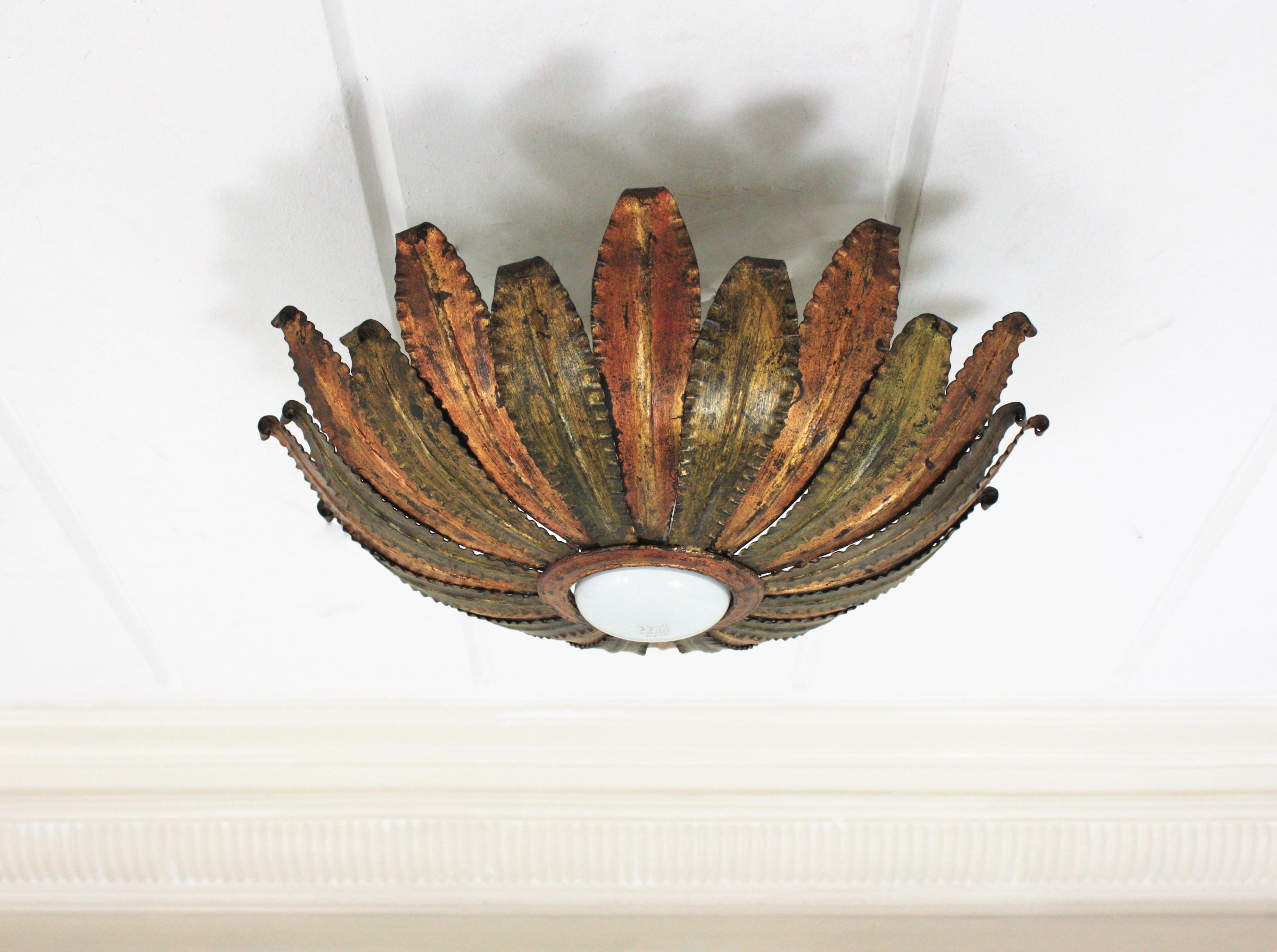 20th Century Spanish Gilt Iron and Green Sunburst Ceiling Light Fixture, 1950s For Sale