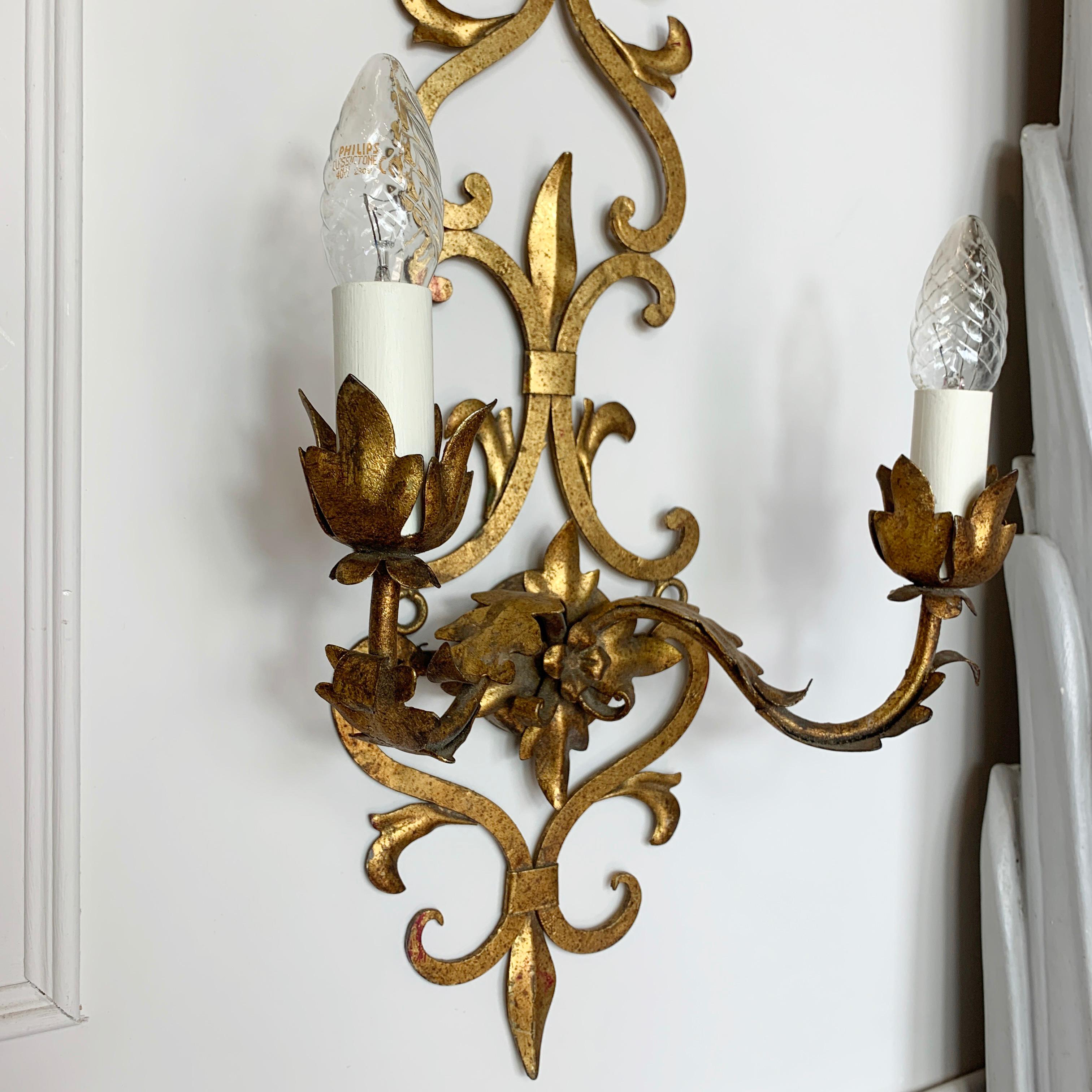 Bronze Spanish Gold Iron Baroque Wall Light, 1950's For Sale
