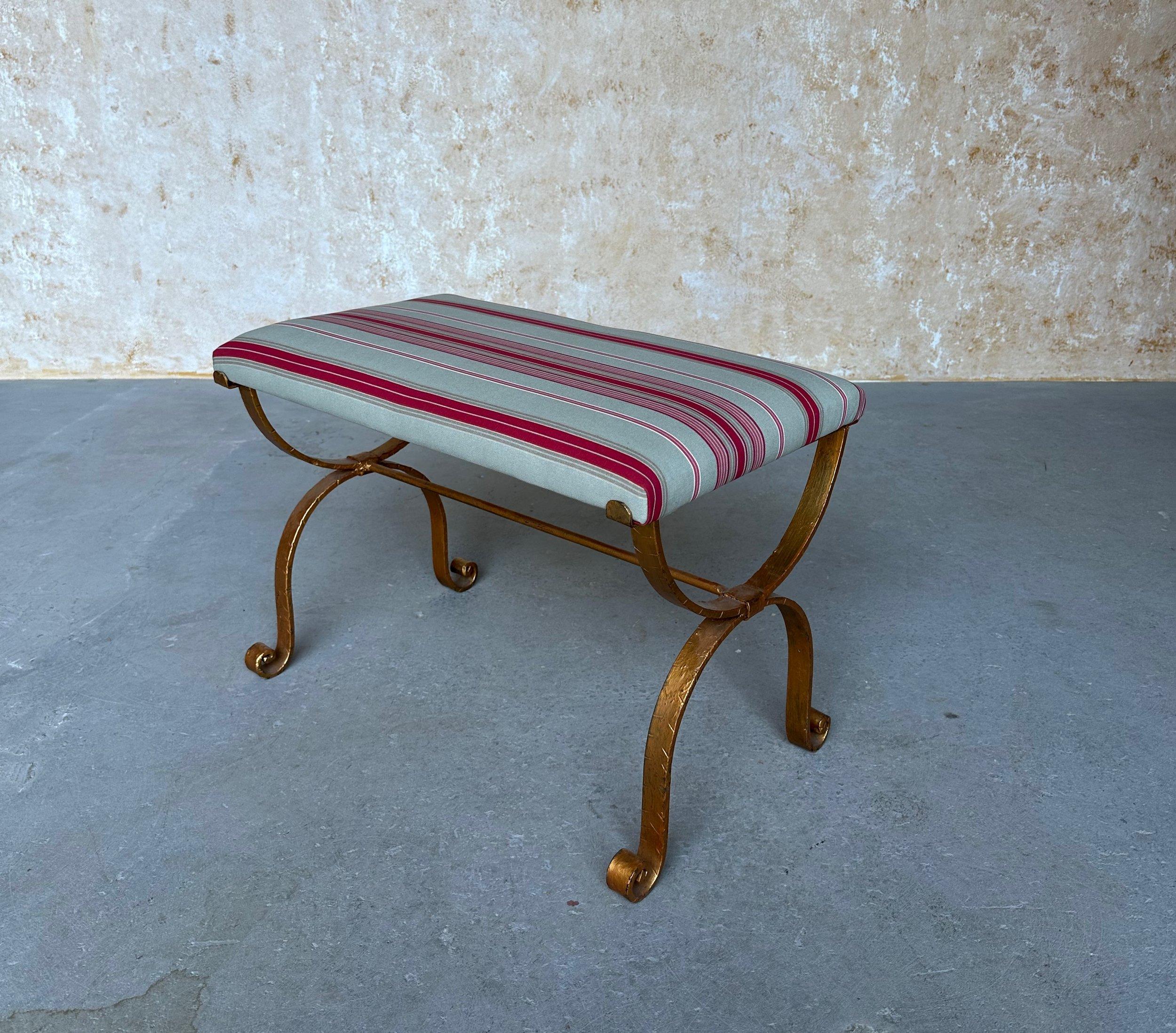 Upholstery Spanish Gilt Iron Bench For Sale