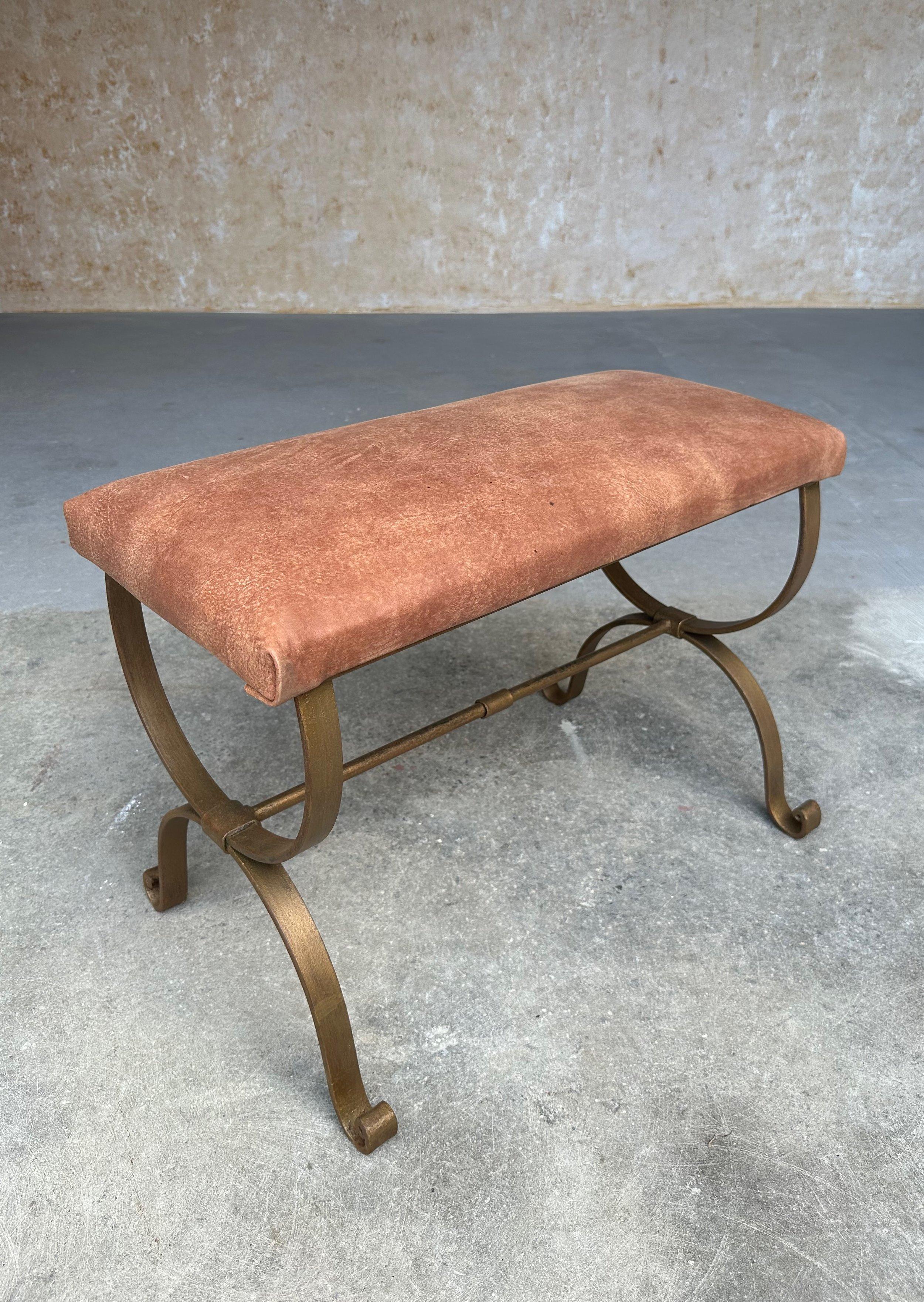 Spanish Gilt Iron Bench in Brown Leather 6