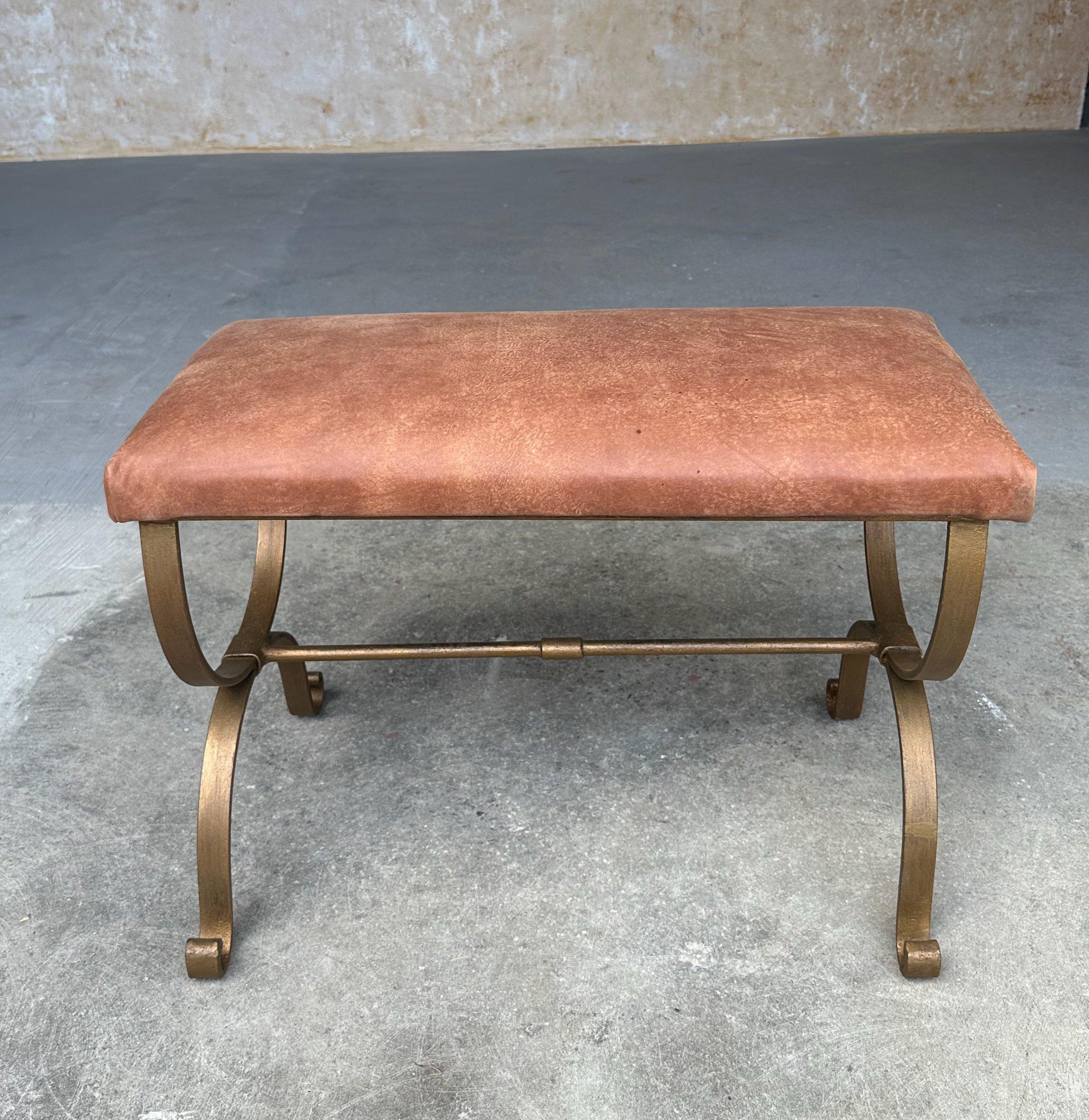 Contemporary Spanish Gilt Iron Bench in Brown Leather