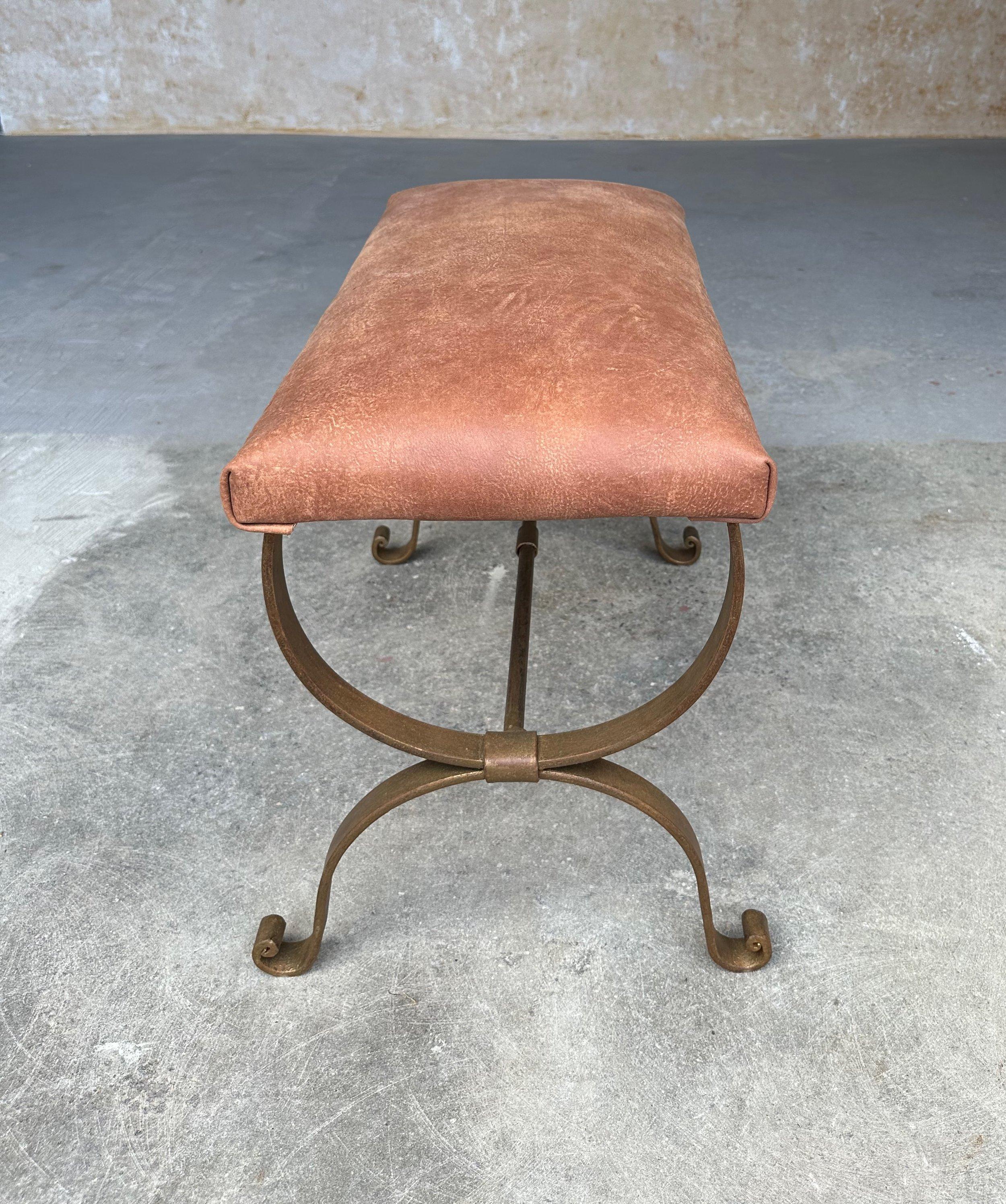 Spanish Gilt Iron Bench in Brown Leather 1