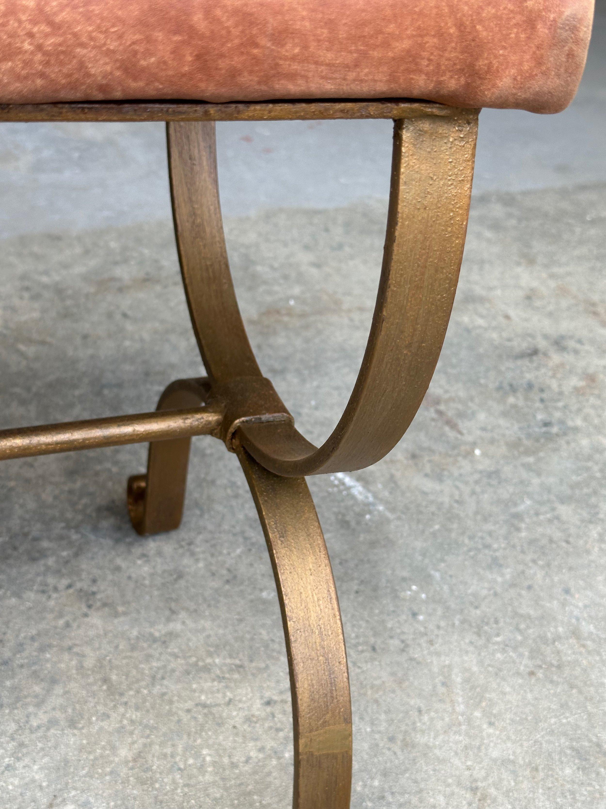 Spanish Gilt Iron Bench in Brown Leather 2