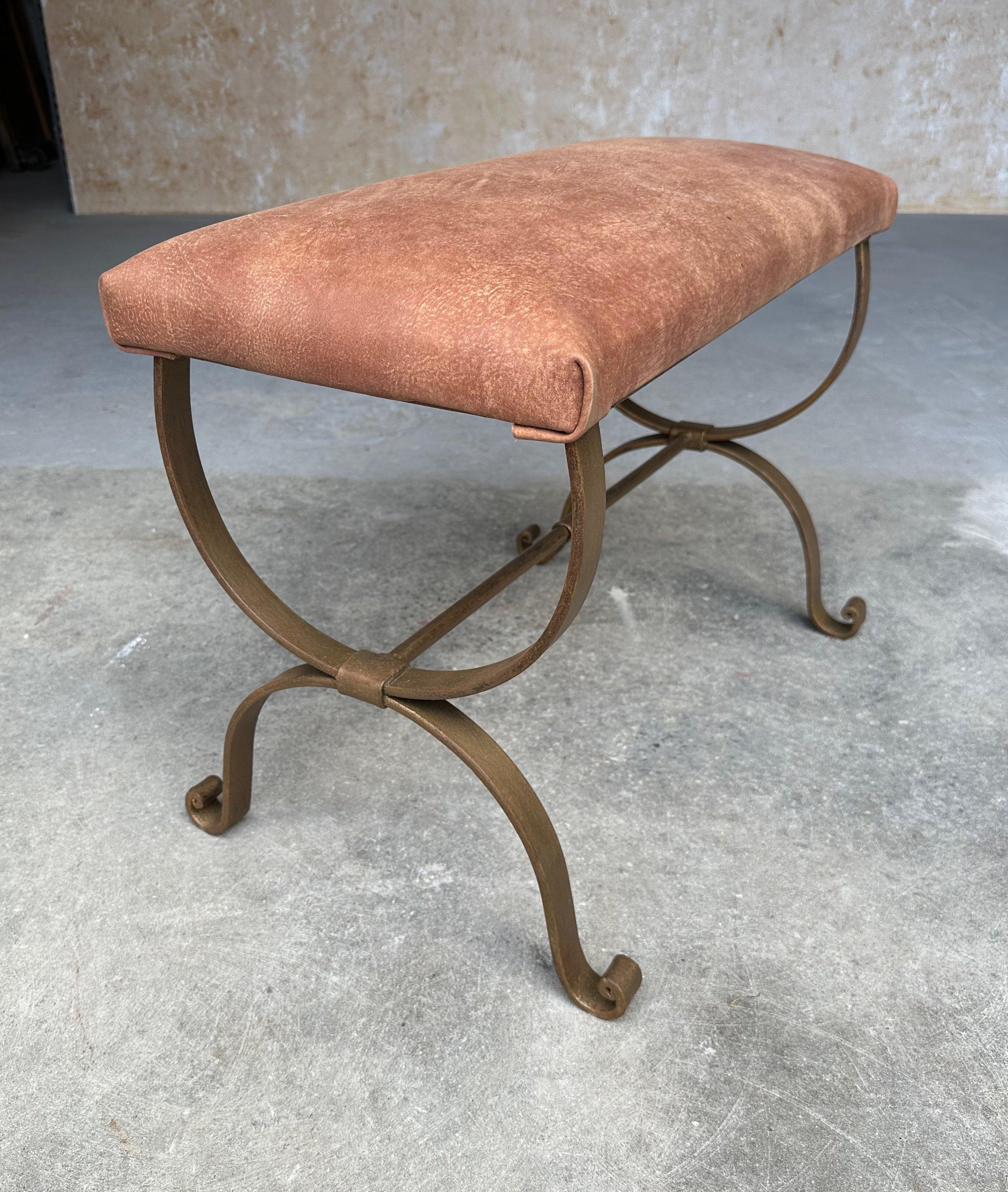 Spanish Gilt Iron Bench in Brown Leather 3