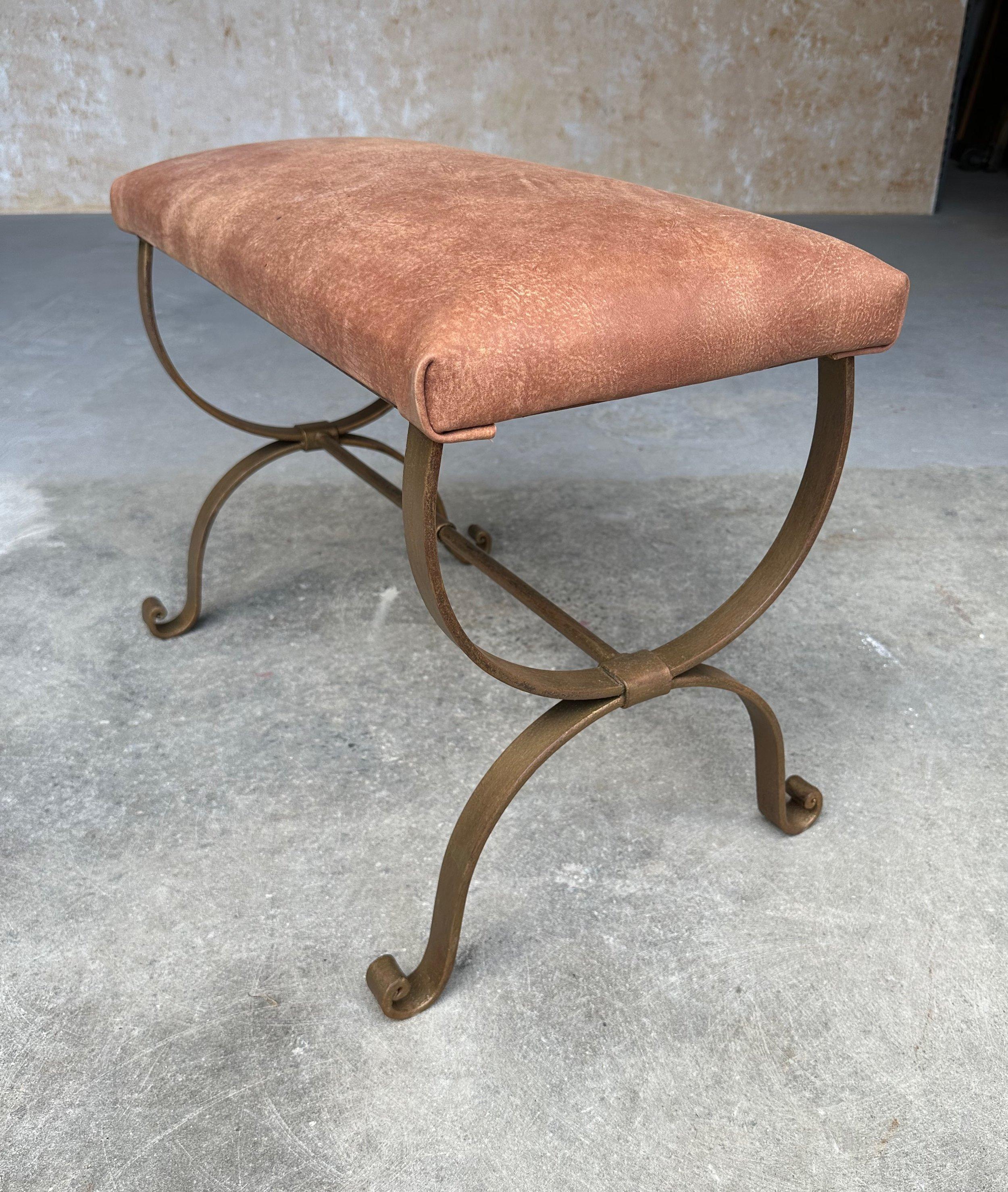 Spanish Gilt Iron Bench in Brown Leather 5
