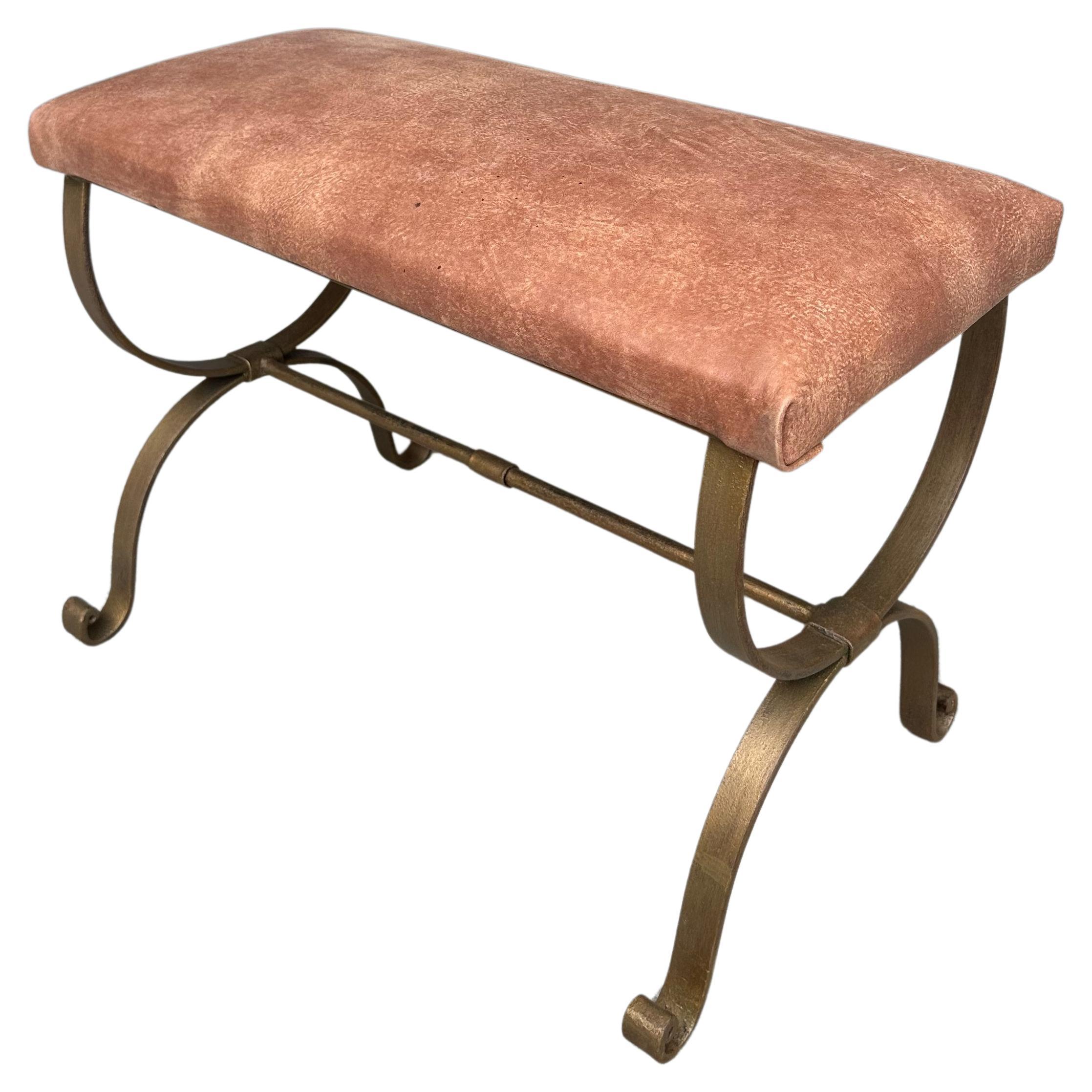 Spanish Gilt Iron Bench in Brown Leather