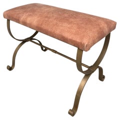 Spanish Gilt Iron Bench in Brown Leather