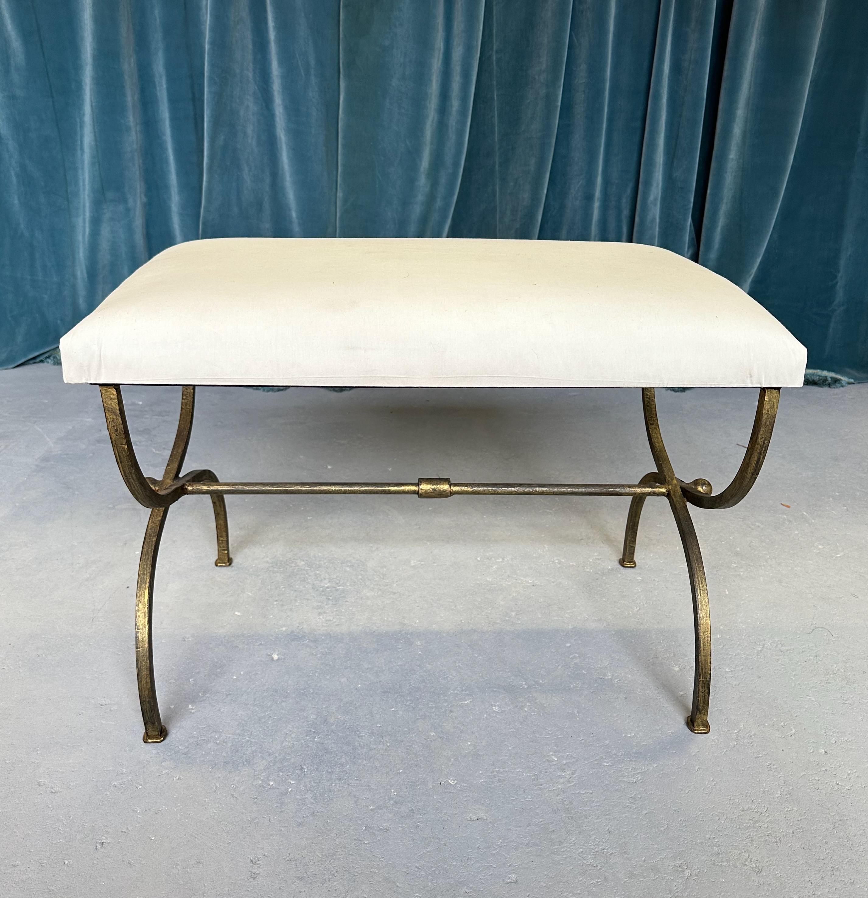 Mid-Century Modern Spanish Gilt Iron Bench in Muslin For Sale