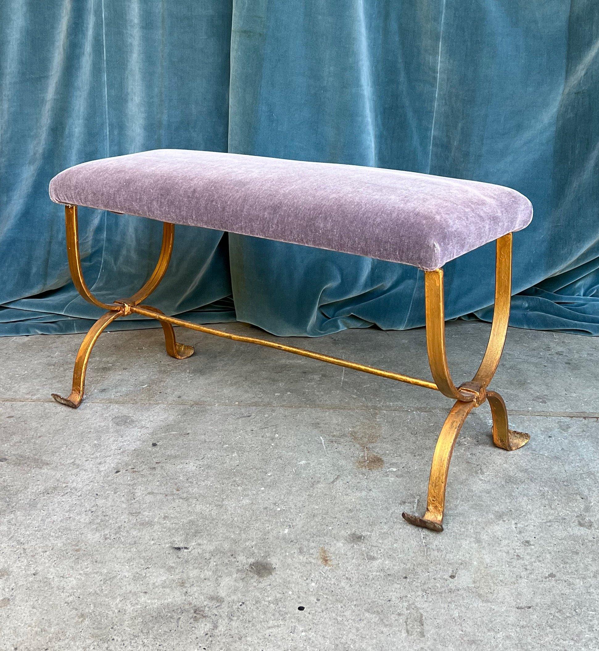 Mid-20th Century Spanish Gilt Iron Bench in Purple Velvet For Sale