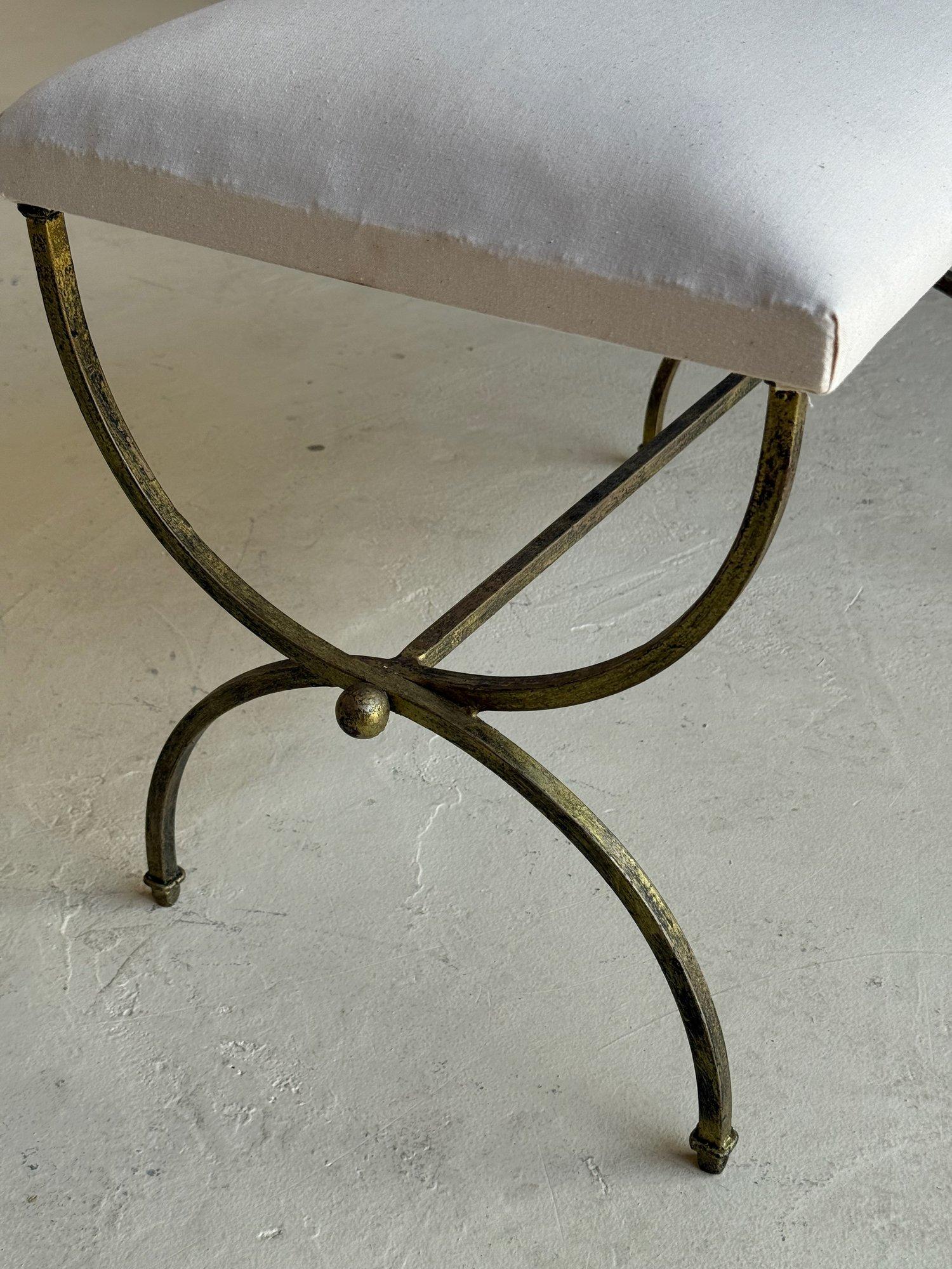 Contemporary Spanish Gilt Iron Bench with Decorative Stretcher For Sale