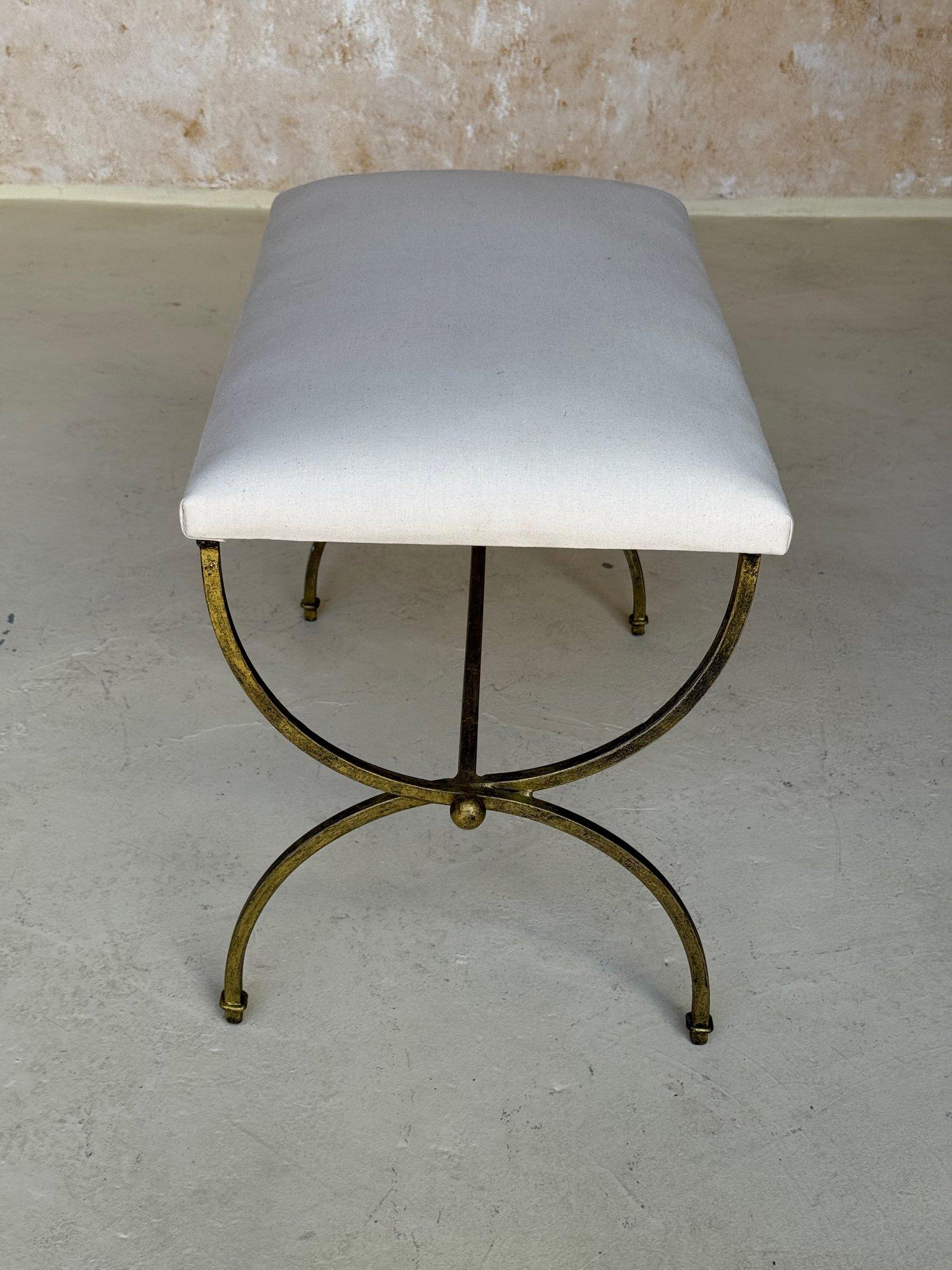 Spanish Gilt Iron Bench with Decorative Stretcher For Sale 2
