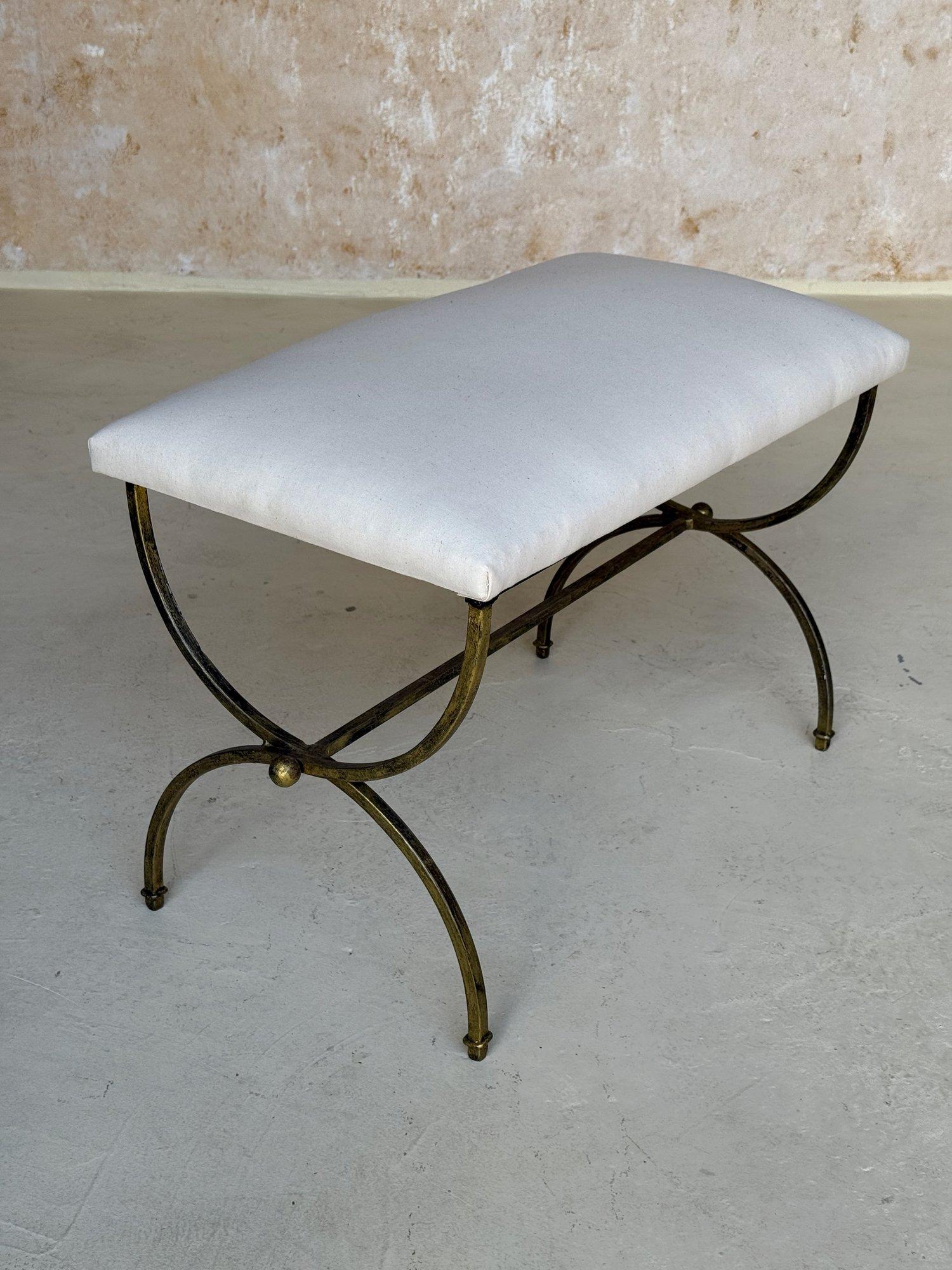 Spanish Gilt Iron Bench with Decorative Stretcher For Sale 4
