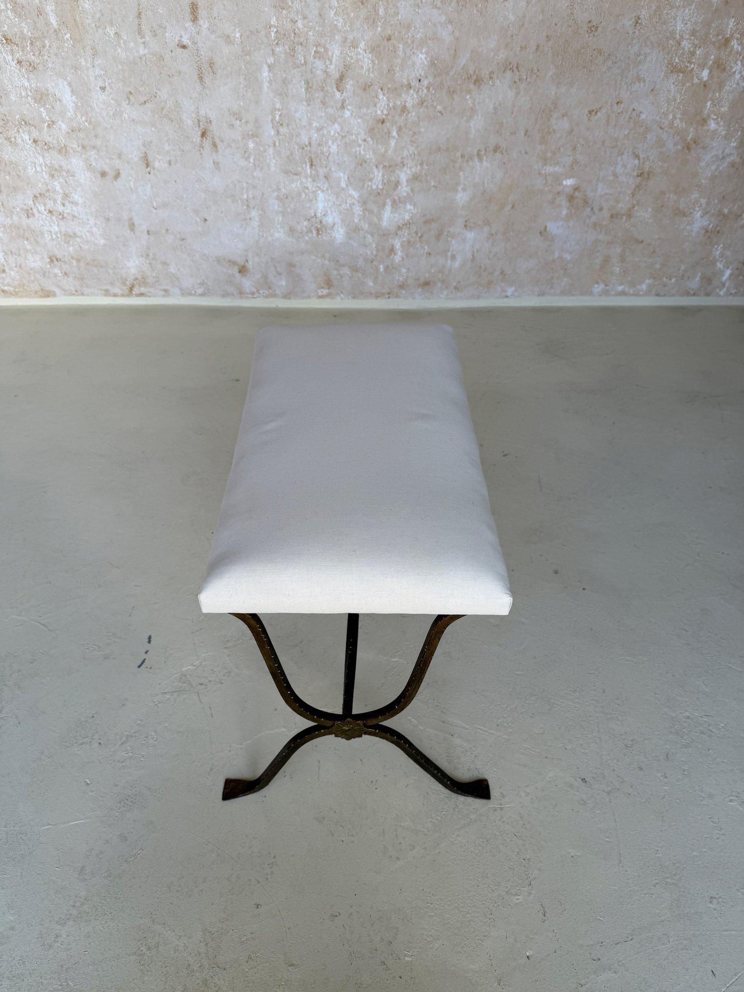 Spanish Gilt Iron Bench with Hammered Frame For Sale 5