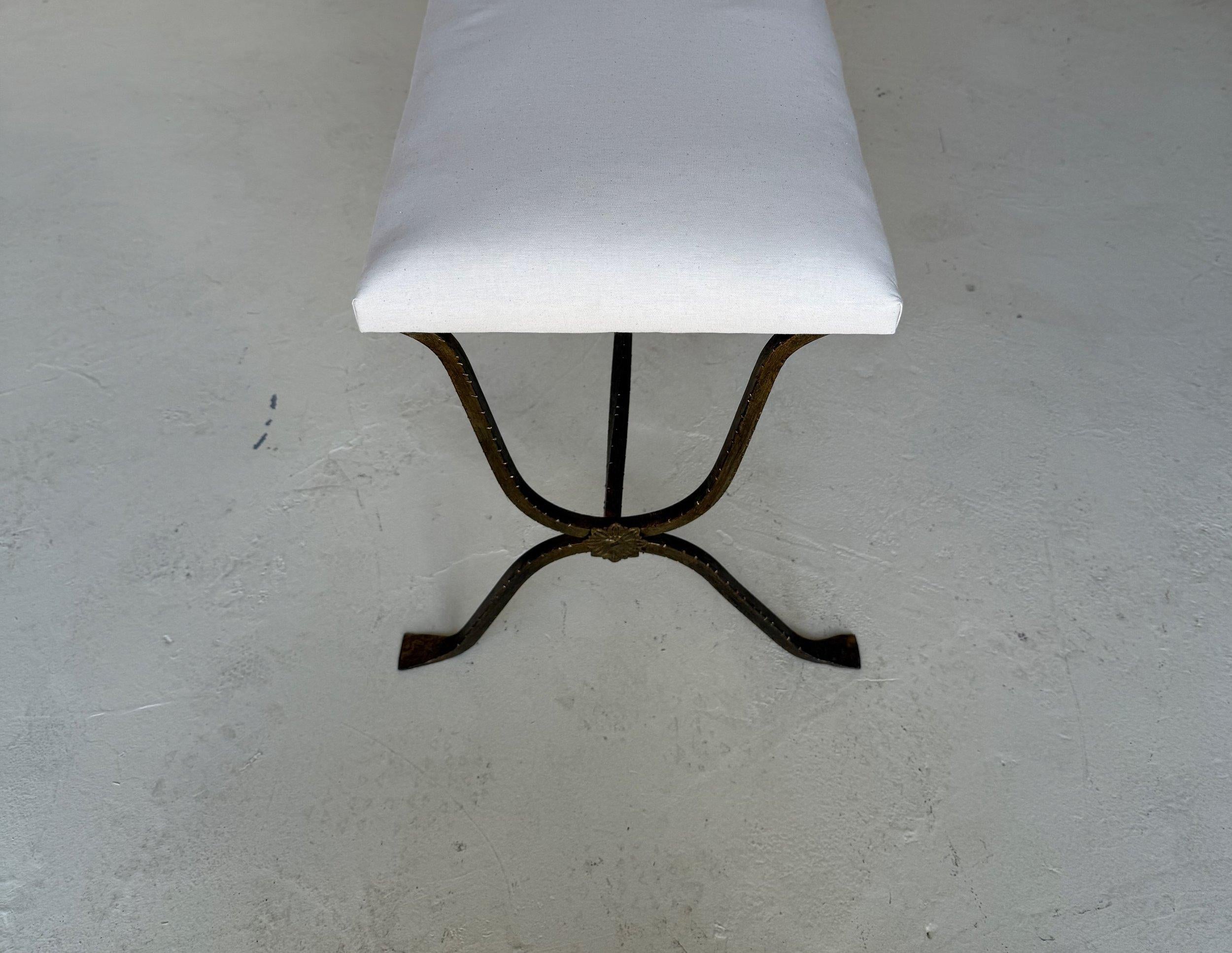 Spanish Gilt Iron Bench with Hammered Frame For Sale 6