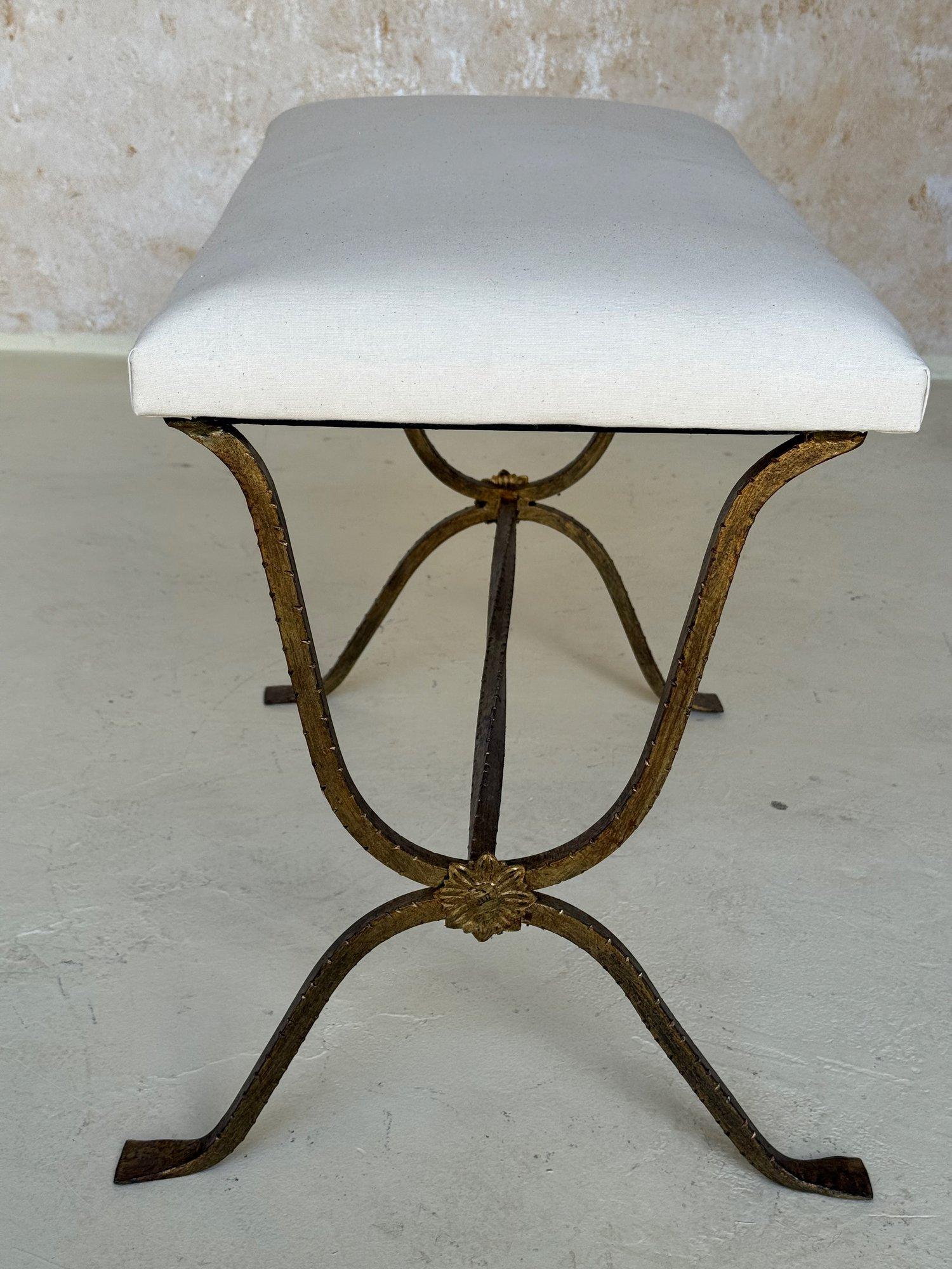 Spanish Gilt Iron Bench with Hammered Frame For Sale 8