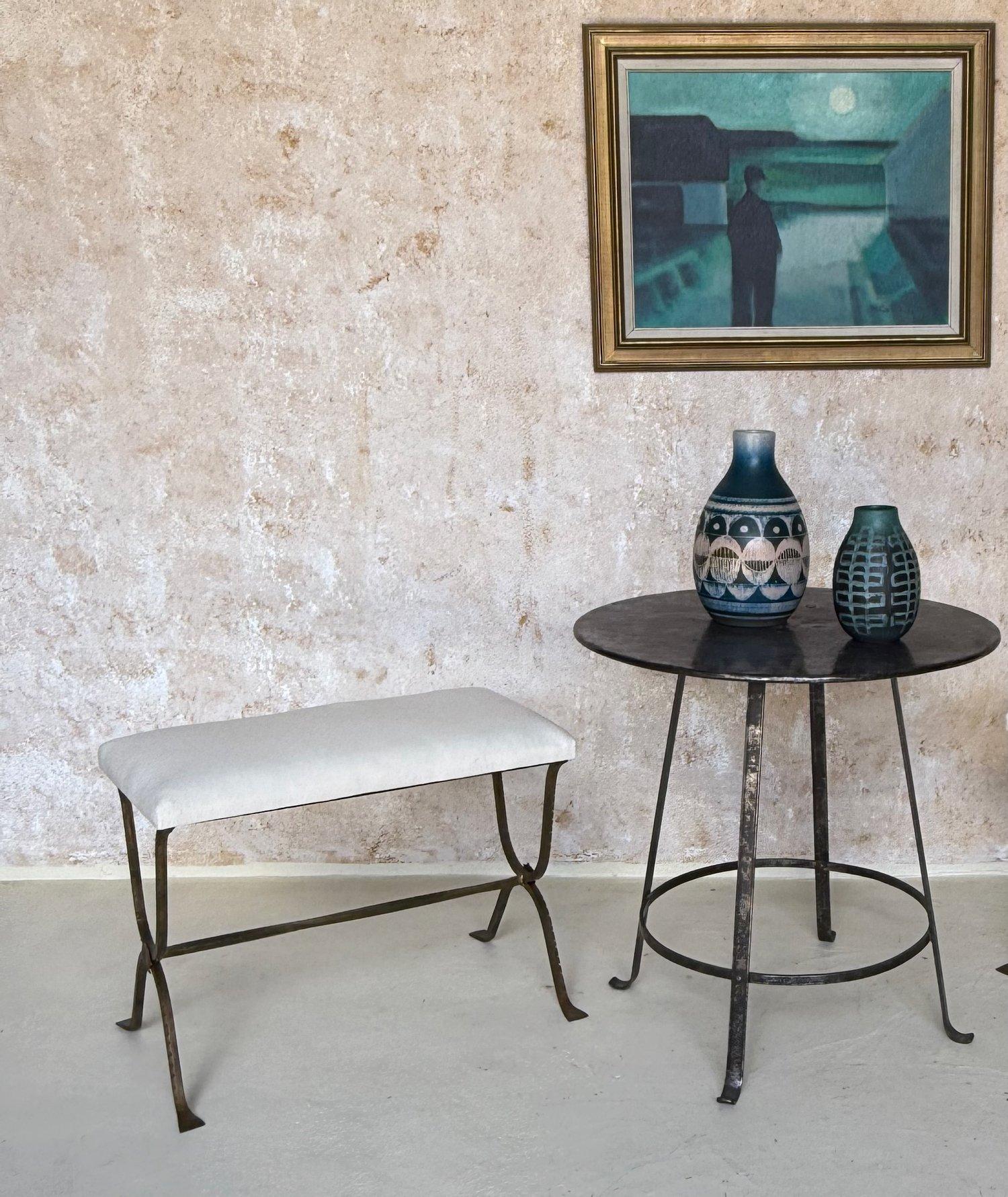 Mid-Century Modern Spanish Gilt Iron Bench with Hammered Frame For Sale