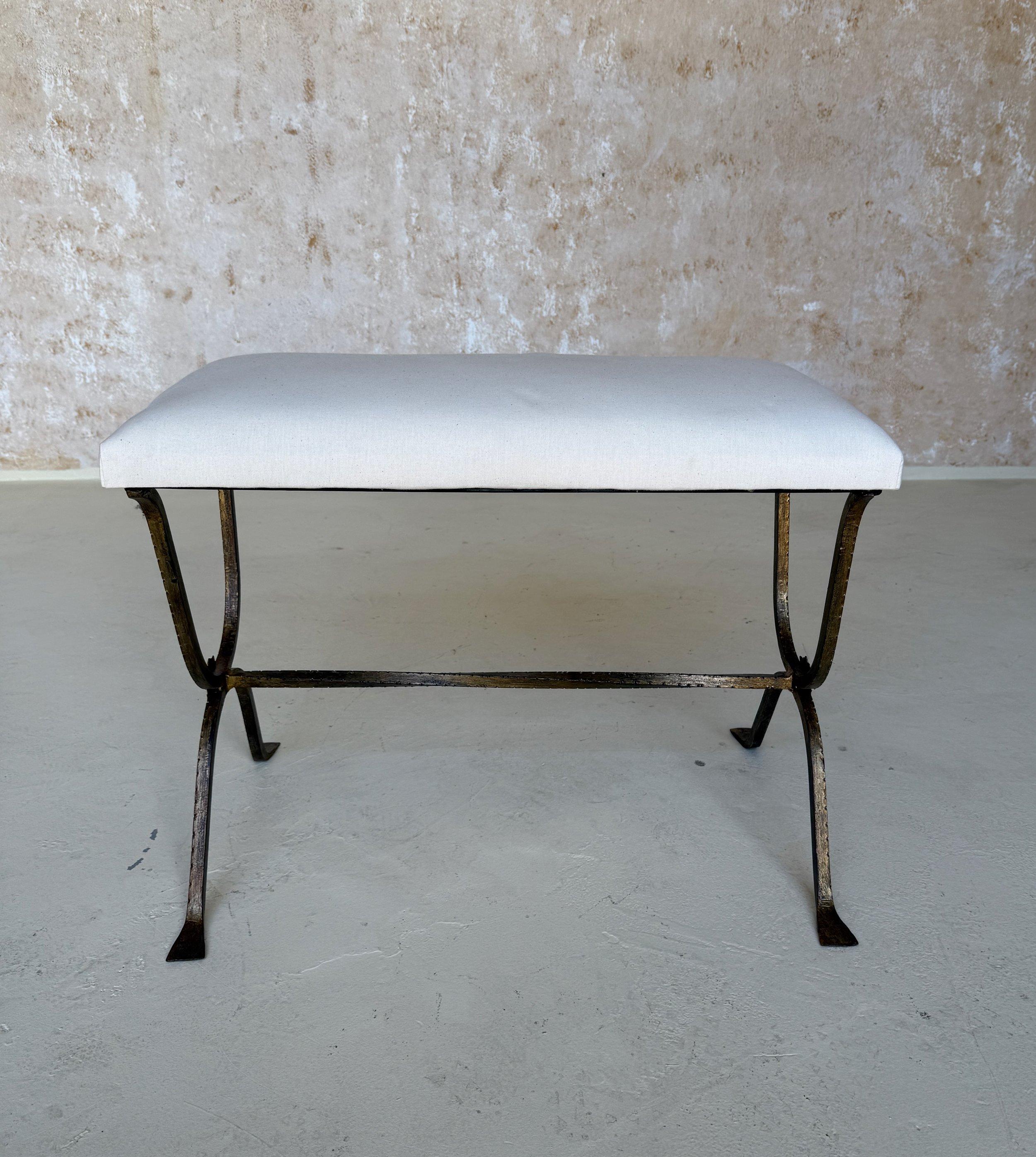 Contemporary Spanish Gilt Iron Bench with Hammered Frame For Sale