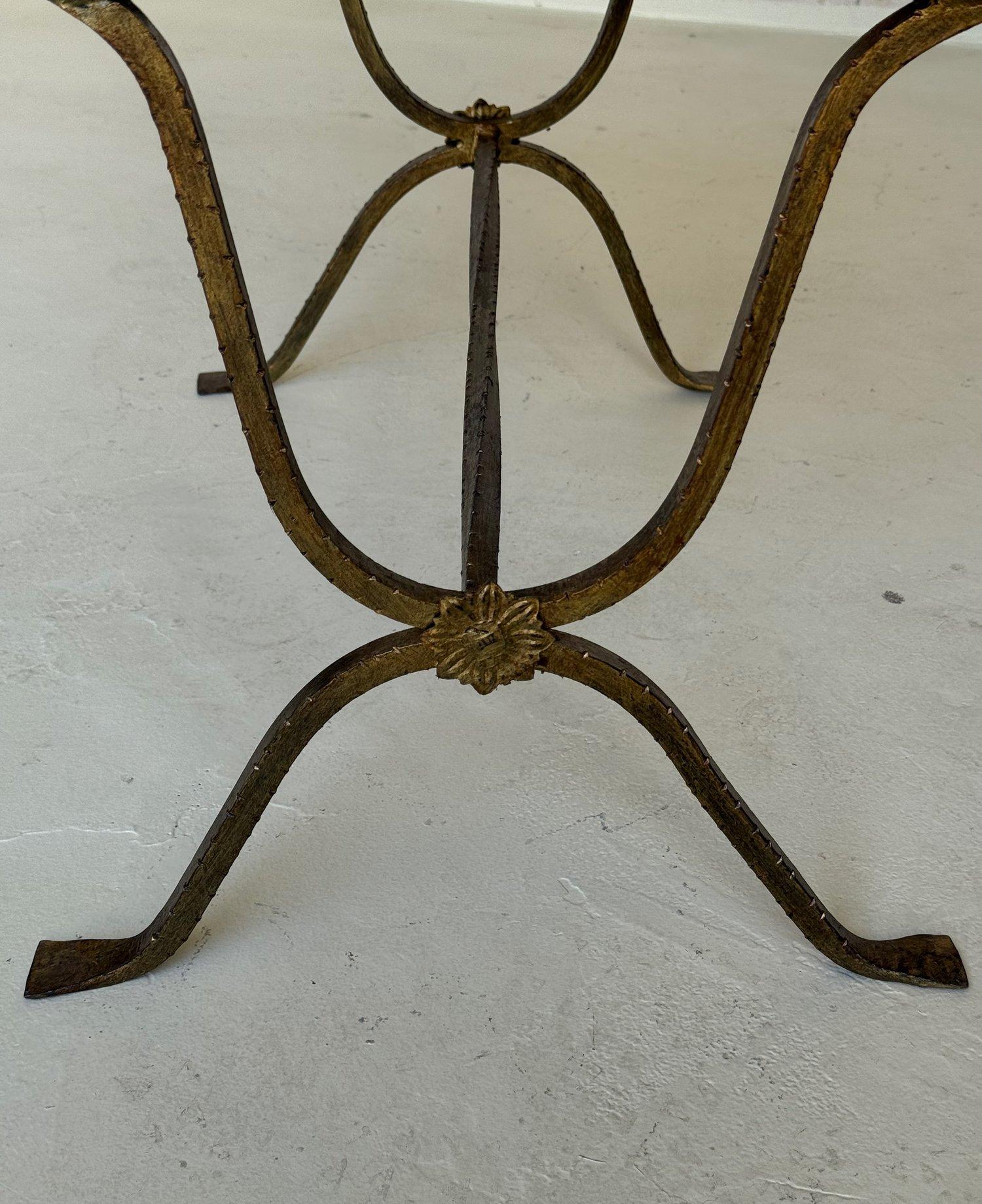 Spanish Gilt Iron Bench with Hammered Frame For Sale 1