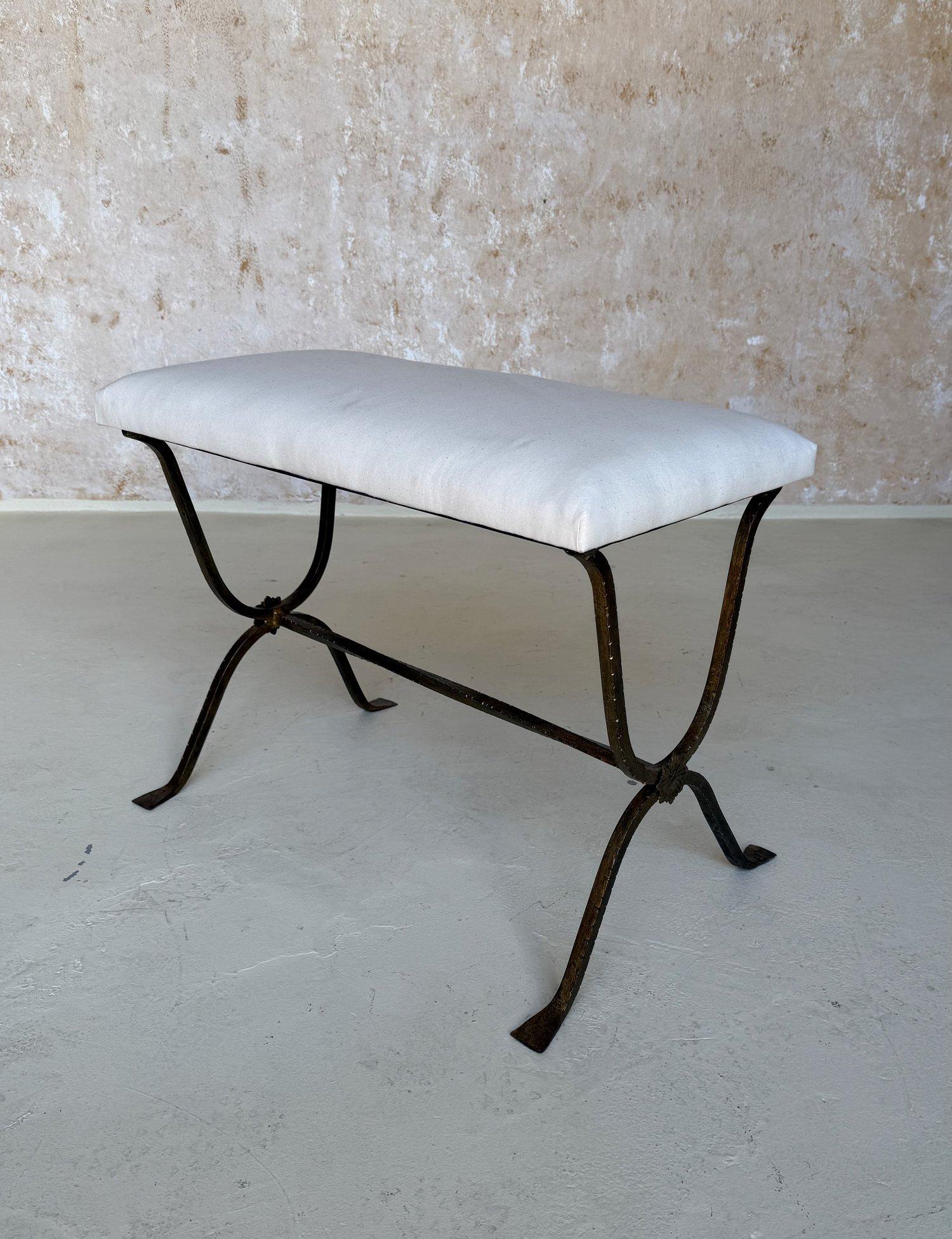 Spanish Gilt Iron Bench with Hammered Frame For Sale 2