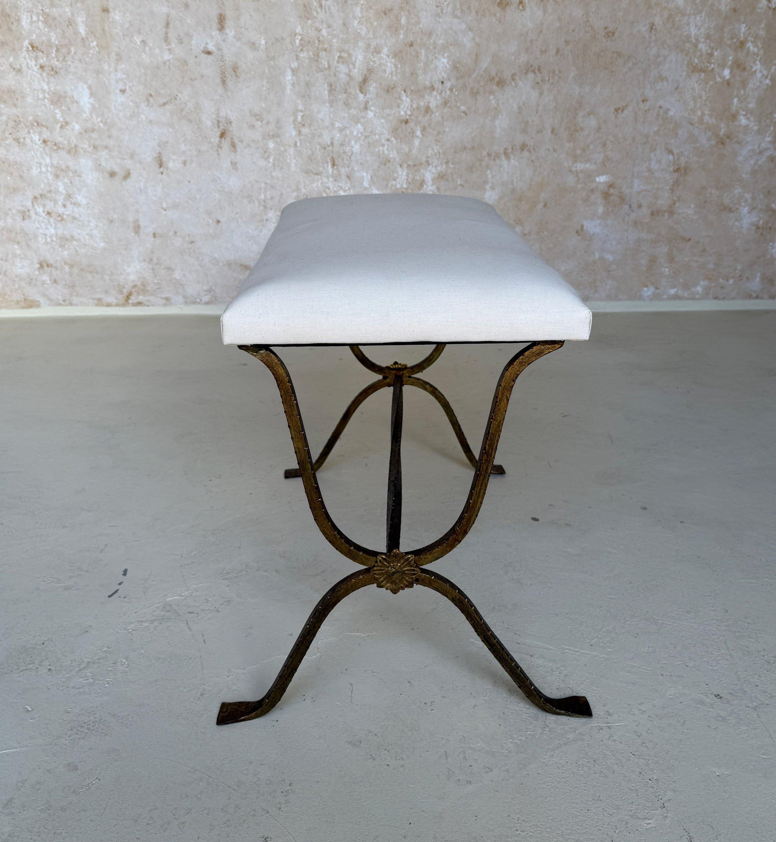 Spanish Gilt Iron Bench with Hammered Frame For Sale 3