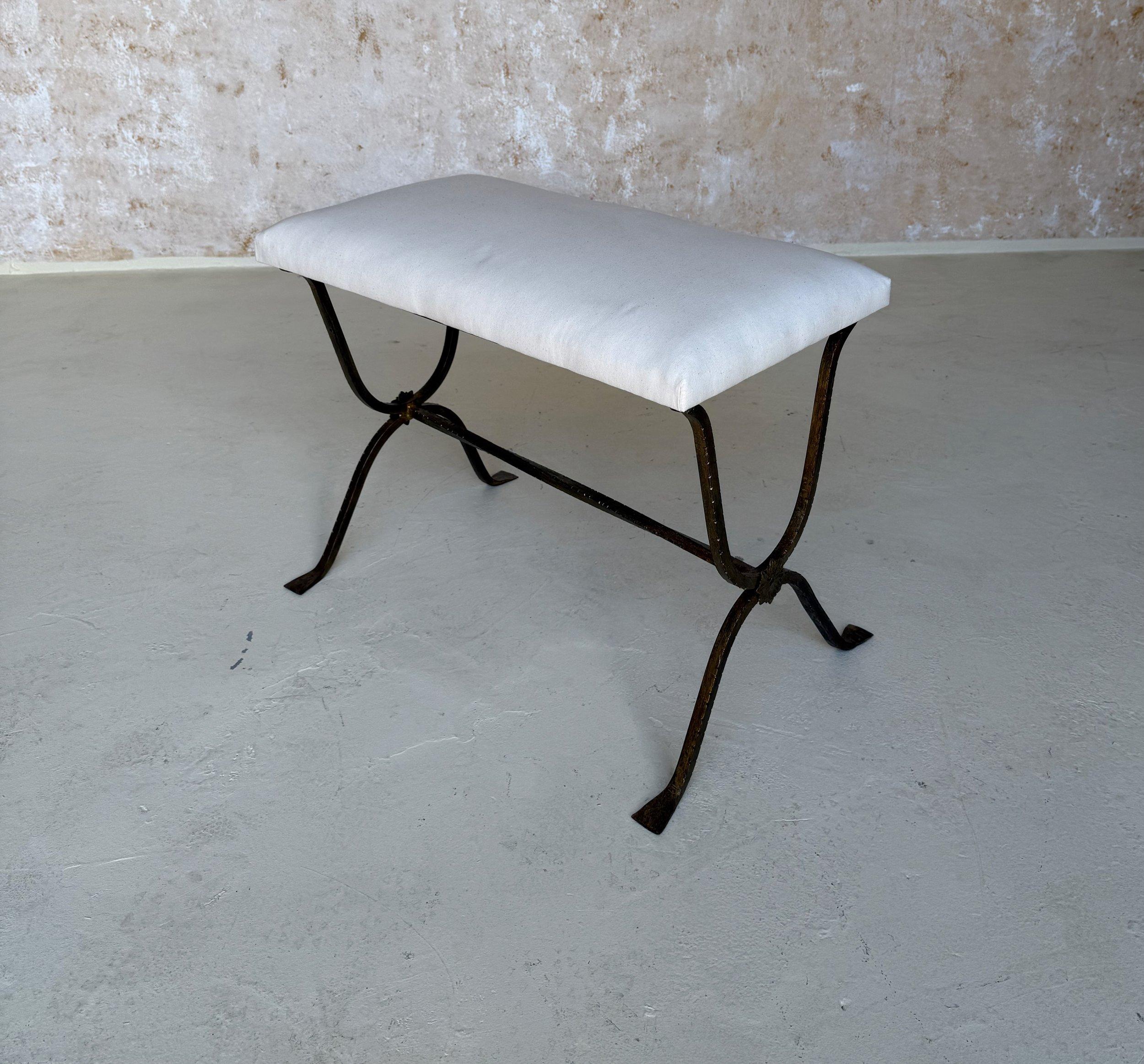 Spanish Gilt Iron Bench with Hammered Frame For Sale 4