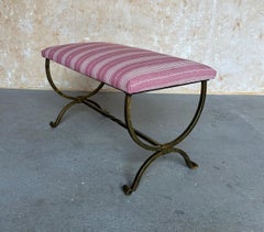 Spanish Gilt Iron Bench with Scroll Base and Mauve Striped Upholstery