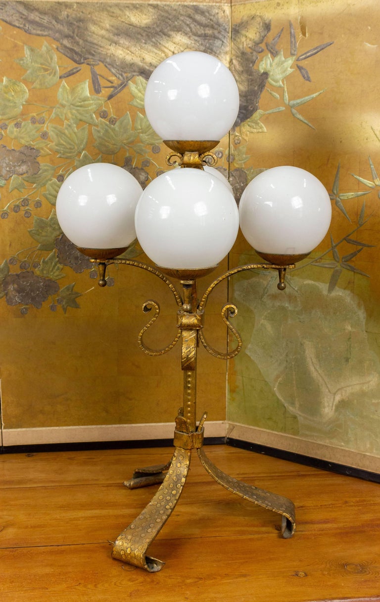 Spanish Gilt Iron Candelabra Lamp with Glass Globes For Sale at 1stDibs