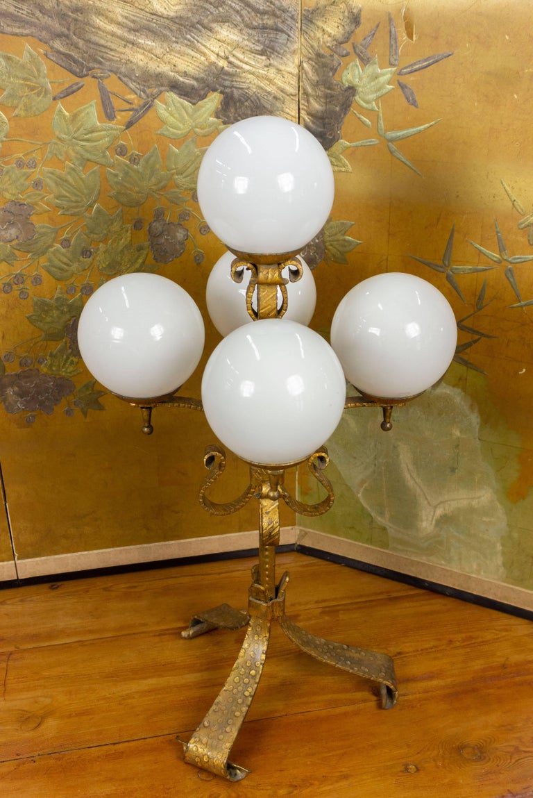 Spanish Gilt Iron Candelabra Lamp with Glass Globes For Sale at 1stDibs