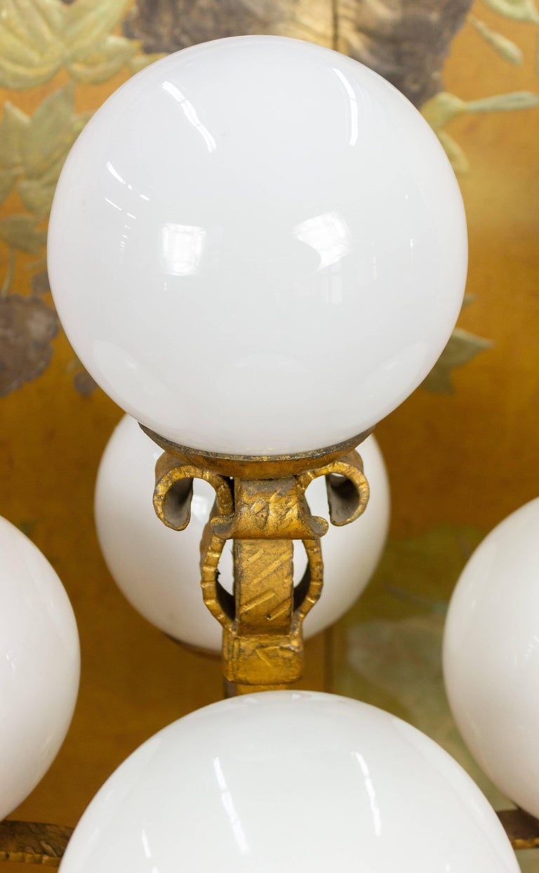 Spanish Gilt Iron Candelabra Lamp with Glass Globes For Sale at 1stDibs