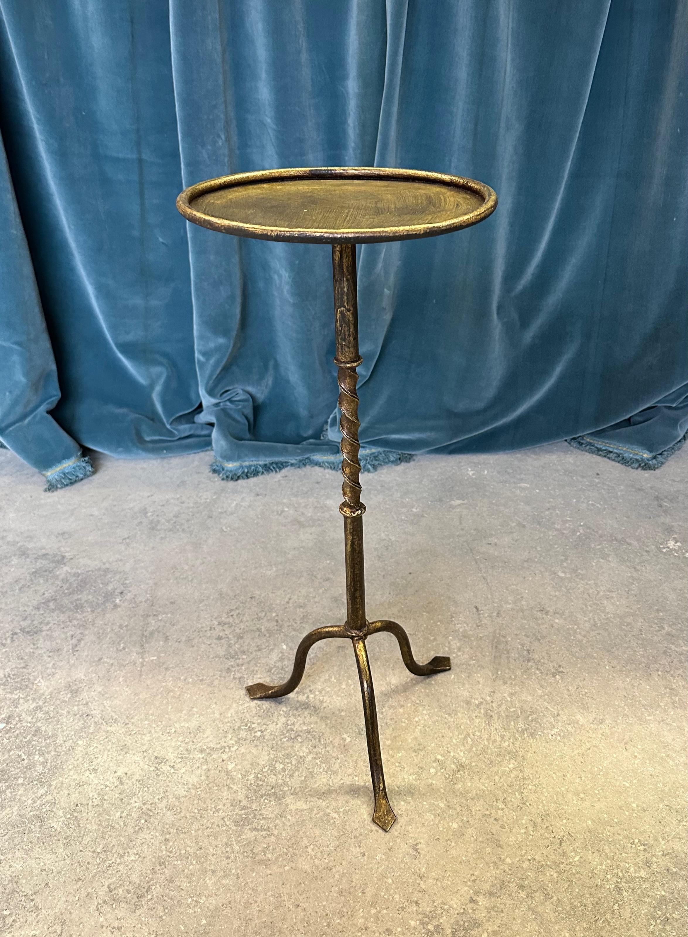 Contemporary Spanish Gilt Iron Drinks Table with Twisted Stem on a Tripod Base For Sale
