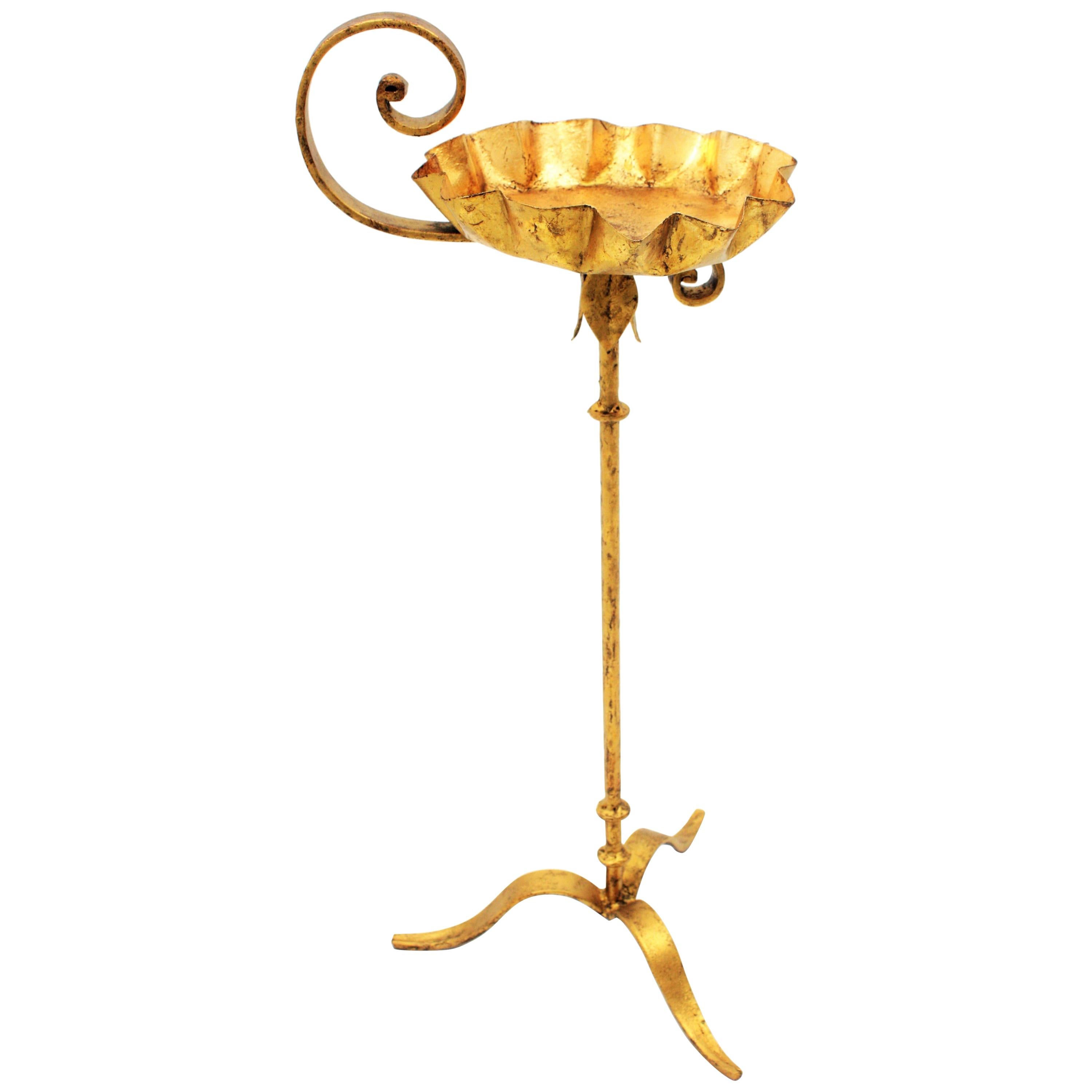 20th Century Spanish Gilt Iron Floor Ashtray / Candle Stand / End Drink Table