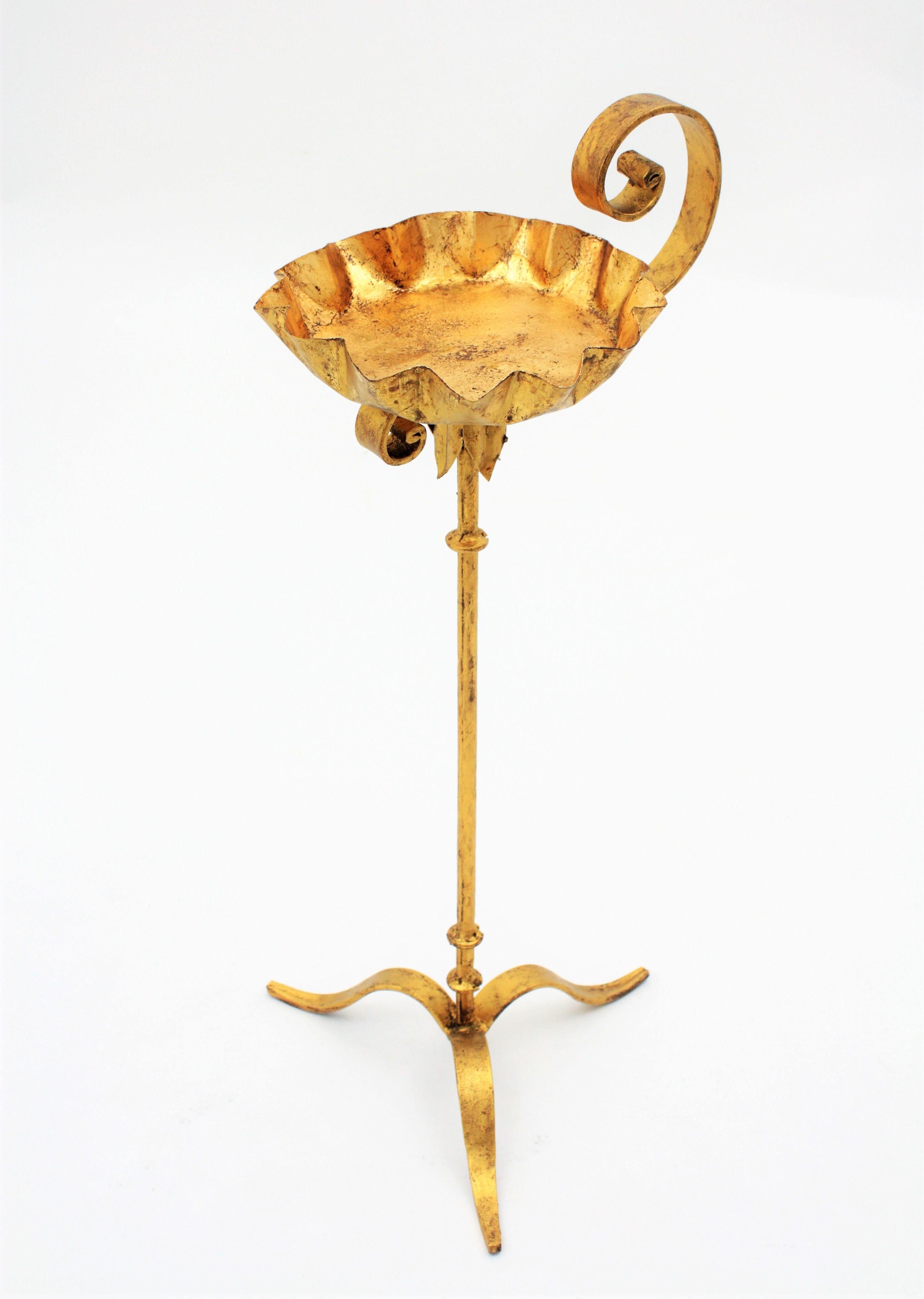 Gold Leaf Spanish Gilt Iron Floor Ashtray / Candle Stand / End Drink Table