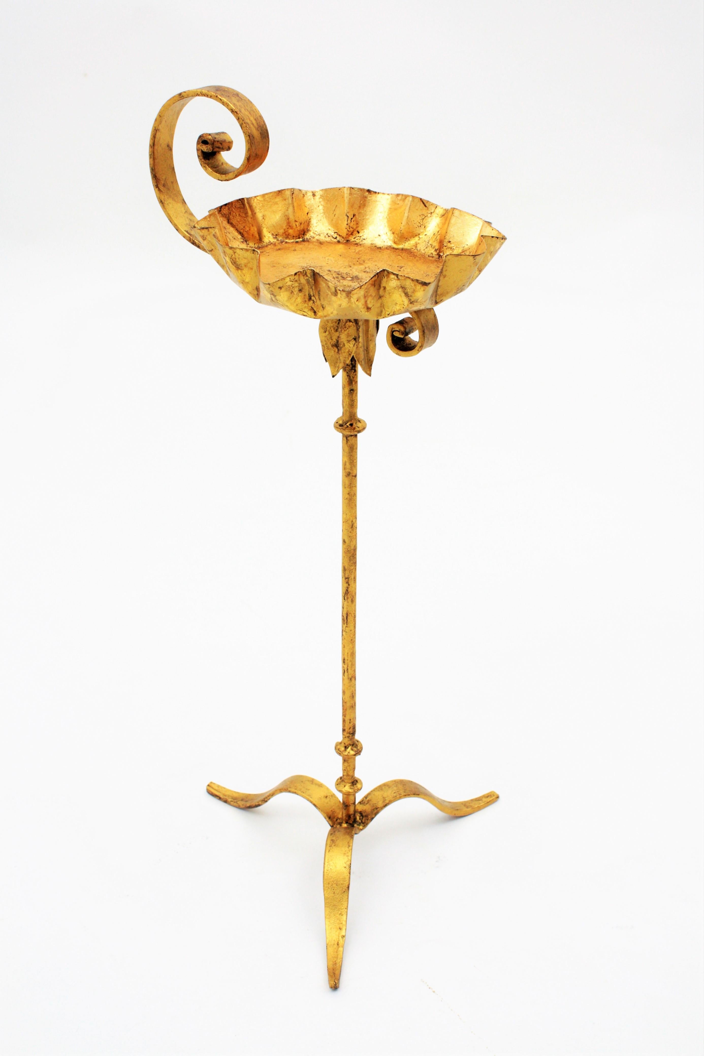Spanish Gilt Iron Floor Ashtray / Candle Stand / End Drink Table 1